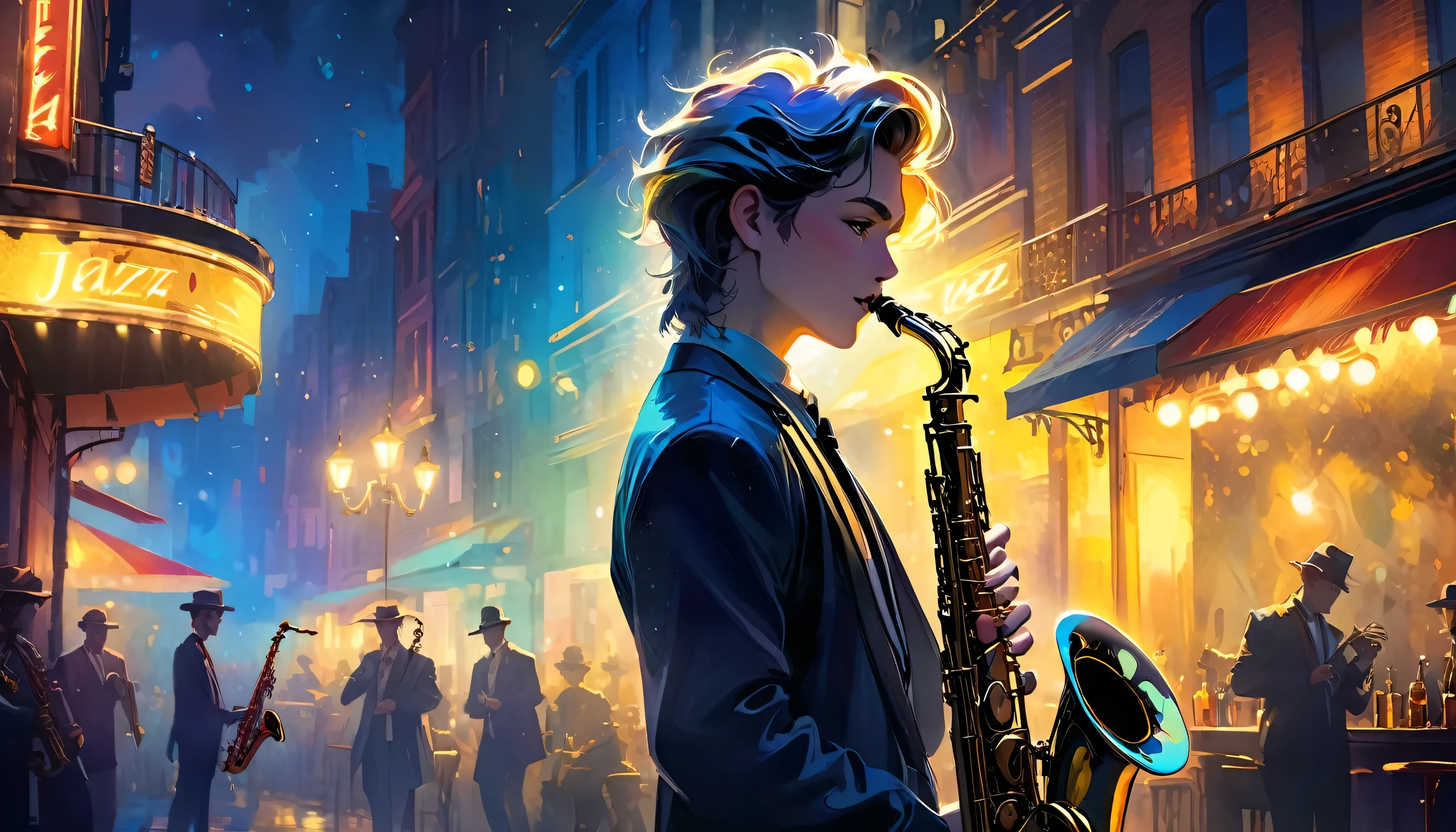 One androgynous young man、Saxophonist、Jazz Player、Deep Shadow、Jazz bar background、 Dramatic lighting, Very realistic, 8k,
Insane Details, Complex, Bokeh, Exquisite Saxophone Vibrant Colors, Pino Daeni, Vincent van Gogh, Luis Royo, Frank Frazetta