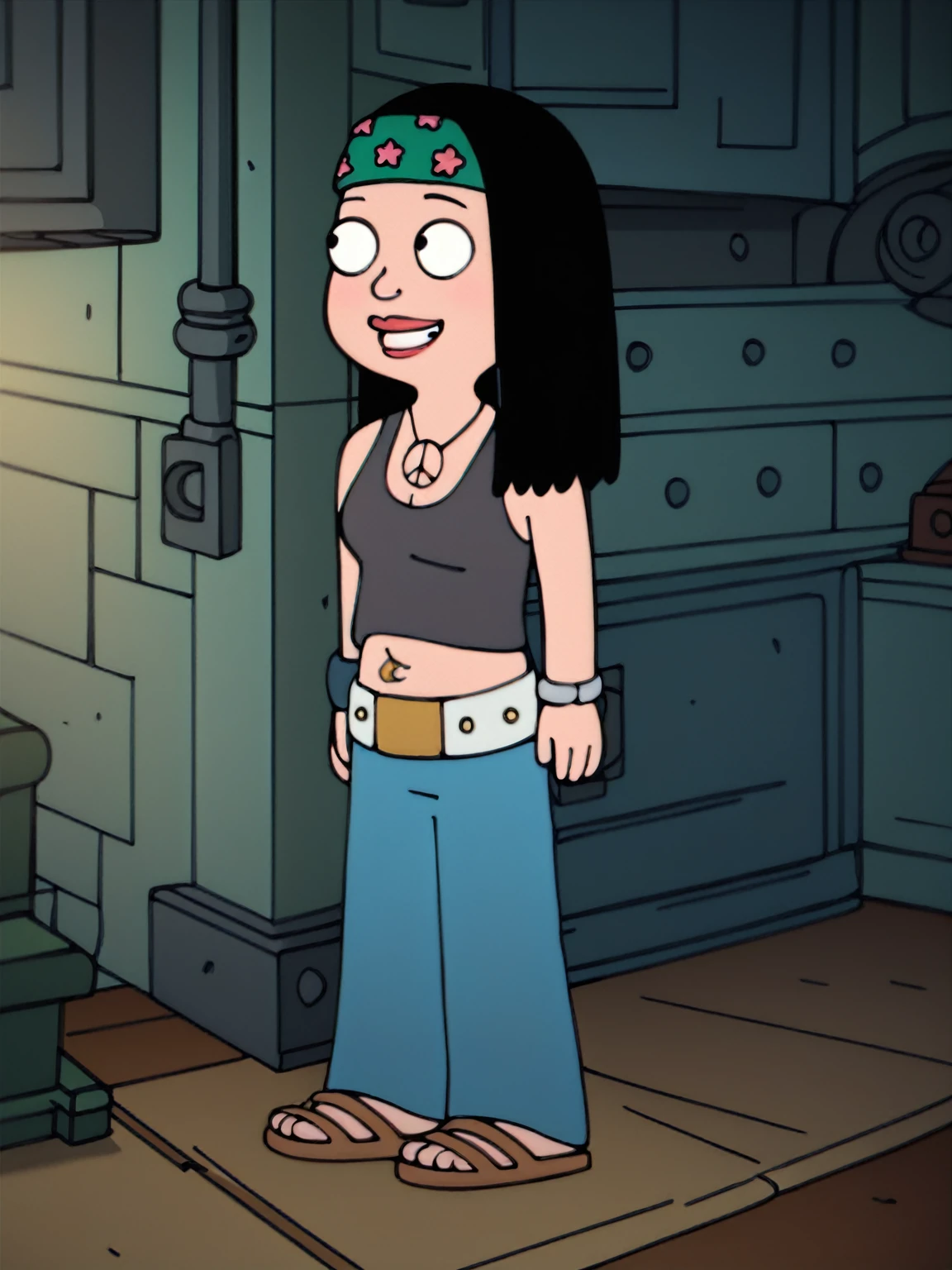 score_9_up,score_8_up,score_6,score_5,score_4, hayley, 1girl, black hair, long hair, solo, necklace, jewelry, tank top, headband, midriff, pants, sandals, belt, navel piercing, looking to viewer, smile, full body