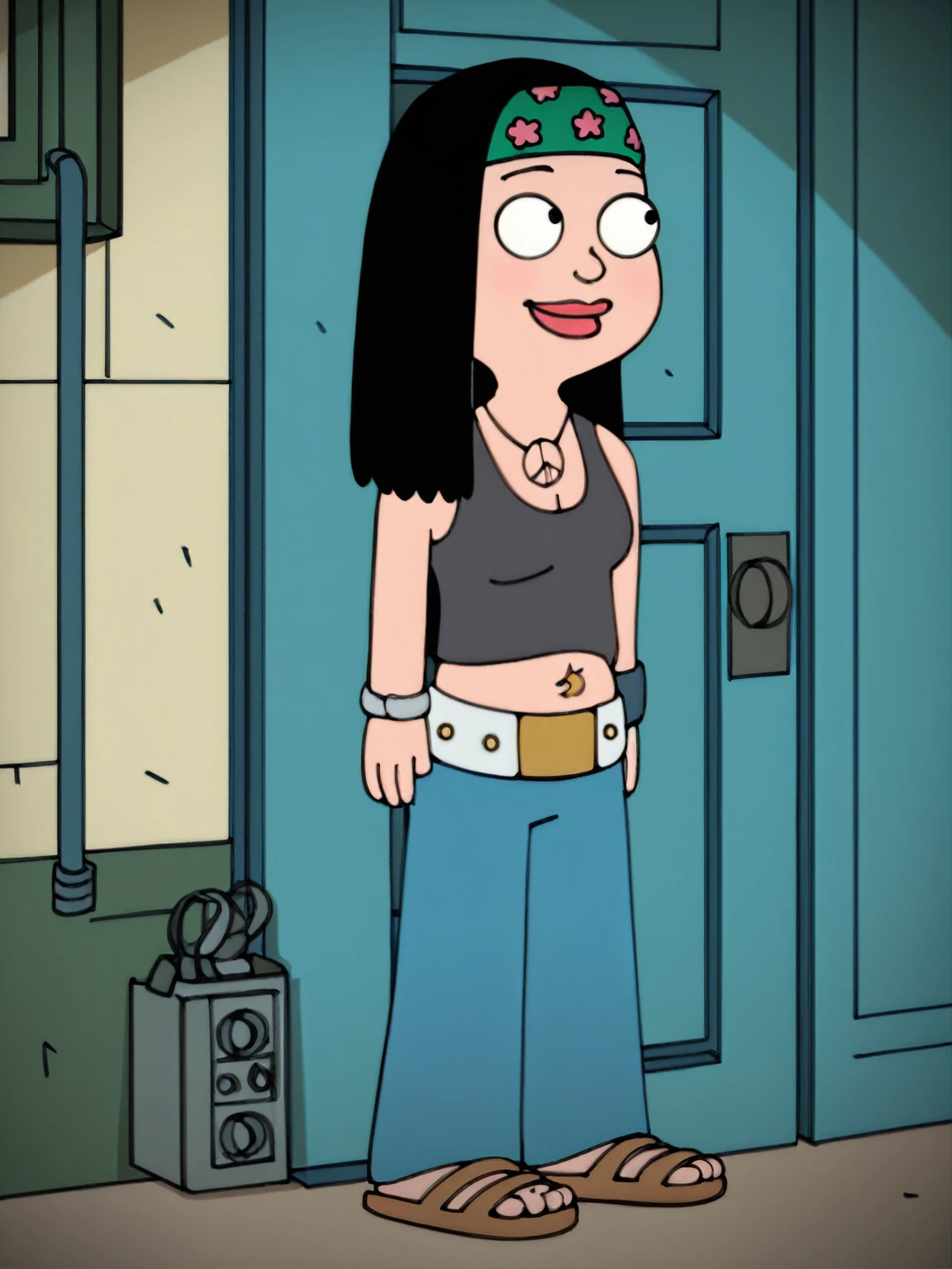 score_9_up,score_8_up,score_6,score_5,score_4, hayley, 1girl, black hair, long hair, solo, necklace, jewelry, tank top, headband, midriff, pants, sandals, belt, navel piercing, looking to viewer, smile, full body