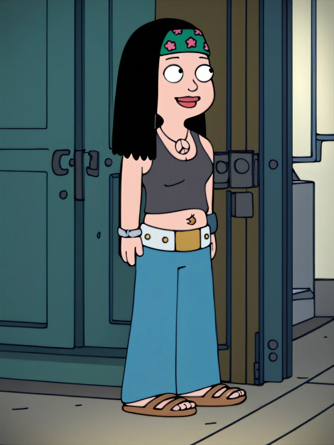 score_9_up,score_8_up,score_6,score_5,score_4, hayley, 1girl, black hair, long hair, solo, necklace, jewelry, tank top, headband, midriff, pants, sandals, belt, navel piercing, looking to viewer, smile, full body