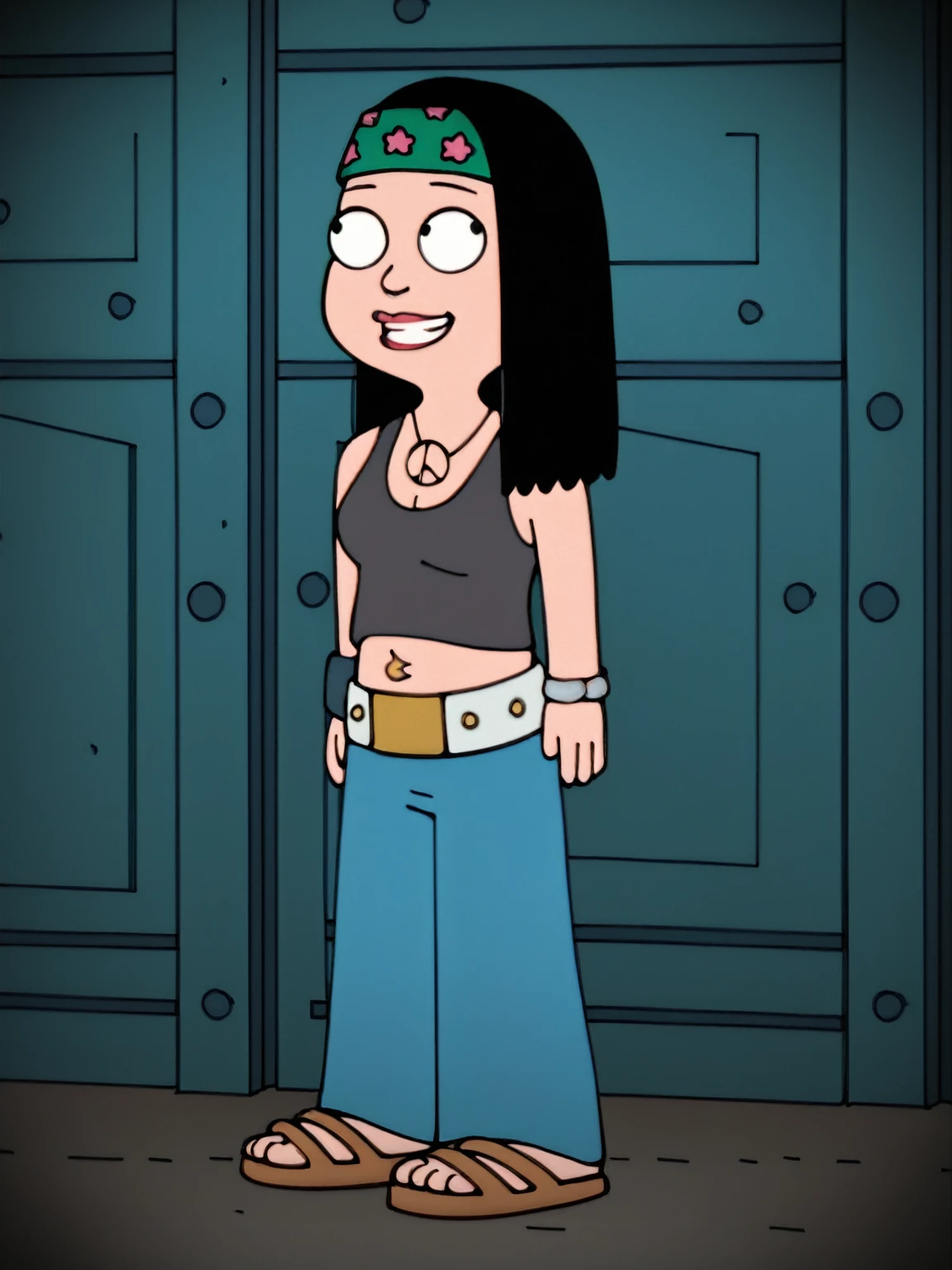 score_9_up,score_8_up,score_6,score_5,score_4, hayley, 1girl, black hair, long hair, solo, necklace, jewelry, tank top, headband, midriff, pants, sandals, belt, navel piercing, looking to viewer, smile, full body