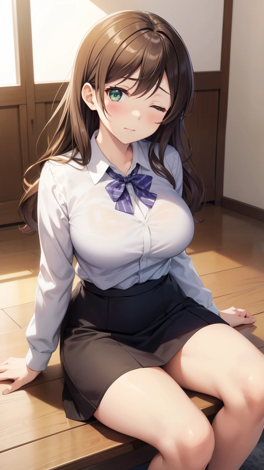 nozomitoujou, nozomi toujou, green eyes, brown hair, curly hair, large breasts, masterpiece, best quality, high resolution, beautiful detailed eyes, extremely detailed face, good lighting, detailed CG, messy hair, blouse, pencil skirt, one eye closed, upset, school corridor, sitting on the floor, leaning back, (knees bent), (legs spread)
