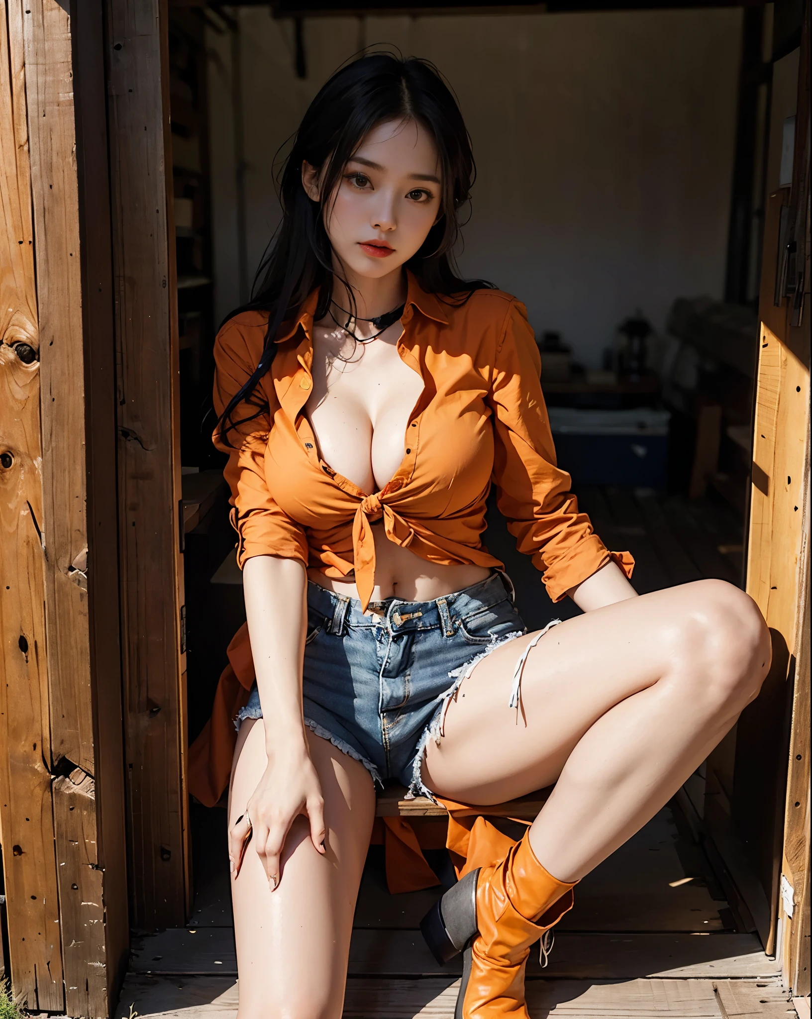 8k, Ultra high resolution, hyper realistic, SOLO, Woman tall body set big breasts, cleavage, tall body, full body shot, wearing a sexy orange button down cotton shirt tied at the bottom, denim shorts,  cowgirl boots, outside, at a farm