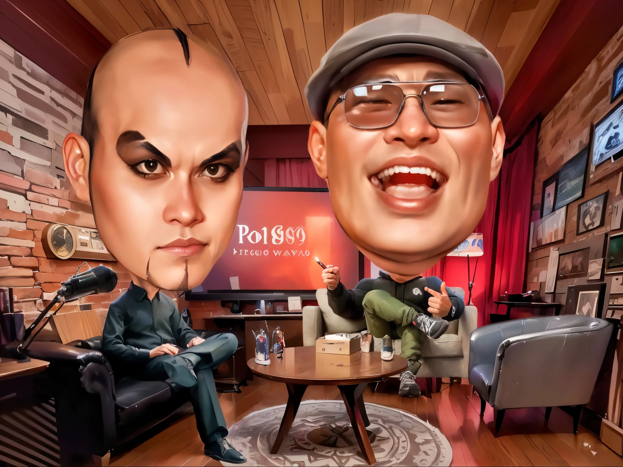 arafed image of a man sitting in a chair with a big head, Was doing a podcast and laughing, rob rey and kentarõ miura style, rob rey and kentaro miura style, rob rey and kentarõ miura, jin shan and ross tran, & jeehyung lee & wlop, caricature style, wlop and greg rutkowski