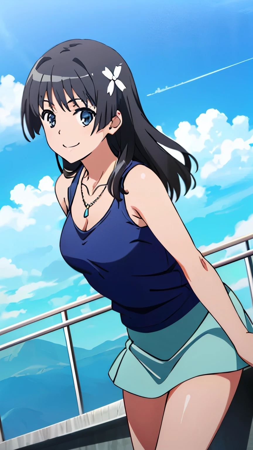 Pixel perfect, perfect detail, solo, one girl, Saten Ruiko, medium bust, (tank top, necklace, mini skirt, sexy pose, blue sky,smiling), dynamic angle, looking at the audience, centered image, cowboy shot,