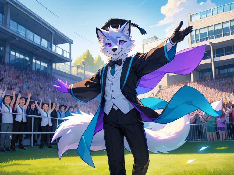 Furry,arctic fox,Male,neon purple eyes(Realistic eye details 1.2),correct anatomy,Wear a graduation gown.,black pants,Realistic costume details,,Wave your left hand back and forth.,Look at the audience.,At the back is a lawn and a school building.,happy smiling face