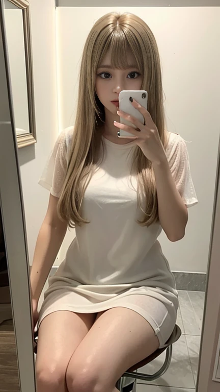 Hair Salon、sit down、One Woman、Mirror in front、((Selfie))、Straight Hair、See-through bangs、Long light beige hair、Short sleeve dress、A good attitude、indoor、highest quality、detailed、break,(Pastel colored salon)