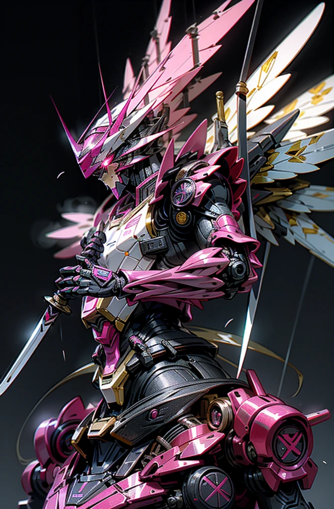 Bokeh, attack, concise, 8k wallpaper, robot, eyes glowing cross Magenta, mecha, Dapeng spreading its insect wings, holding a Giant Sword aiming at the target, diamond, magenta, black, beetle Gundam, insect Gundam, look at camera, (half body), ((beast)), beetle Gundam, Kamen rider decade, pink,