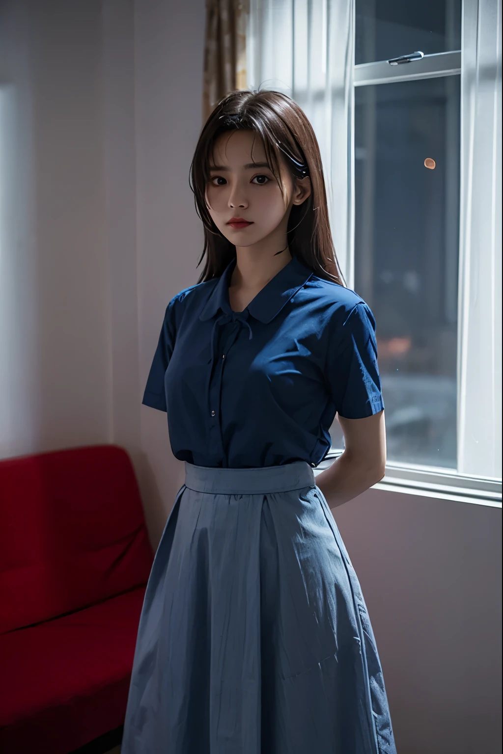 A cute girl is confined and tied up、A room with the lights on at night、Blue semi-long skirt、Red short sleeve shirt、Are standing、Beauty、Age 25、Medium build、Outside the window is night、Like real life、highest quality、