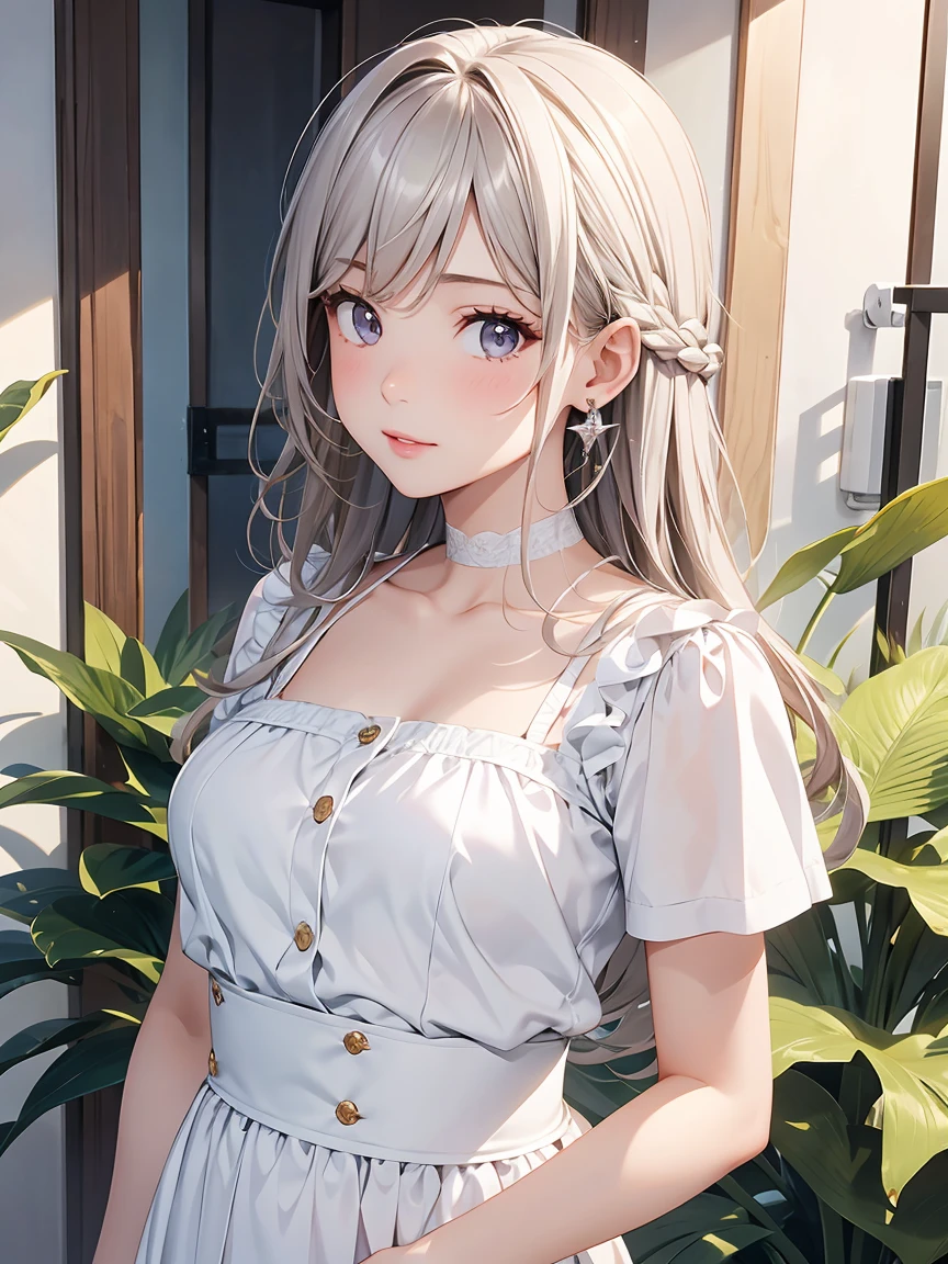 (highest quality, masterpiece), One girl, beautiful girl, Brown_eye, ((hair color [Silver hair], [前hairありのピクシーカット] hair)), Earrings, lips, Short sleeve,Realistic, Tight waist, Charm, Colorful Makeup, Long eyelashes, Fair skin, (cute), (Detailed Face), 詳細ed eye, Detailed iris, 