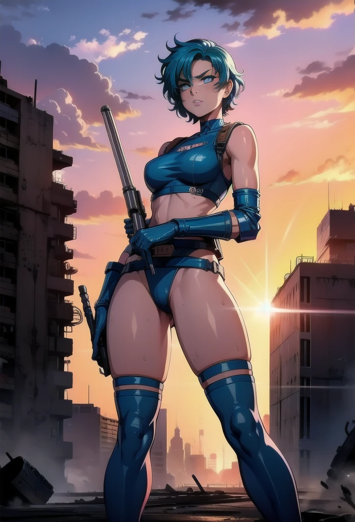 (best quality,4k,8k,highres,masterpiece:1.2),ultra-detailed,Ami Mizuno as a Mad Max survivor in the Westland,deserted post-apocalyptic world,dusty landscape,harsh sunlight,burning orange sky,gritty and distressed,ripped and tattered clothing,utility belt with survival tools,protective goggles covered with dust,Ami's bright blue hair flowing in the wind,determined and fierce expression,holding a modified high-tech weapon,scanning the horizon for danger,thick layers of dirt and grime on her face and hands,imposing scar across her cheek,distant ruins of a futuristic city in the background,Ami's transformation into a hardened warrior,blending her intelligence and strength,creating an iconic and empowering image,combining anime style with the gritty aesthetics of Mad Max. full body