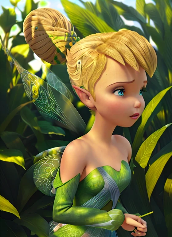 Tinkerbell, Longwings, Green clothes, Hair Bun, Pointed Ears, blue eyes,
masterpiece, 8k, Perfect lighting, View Viewer, Cinema Lighting, Extreme close up, (Tinkerbell:1.5), (TinkerbellWaifu:1.1), single Hair Bun, (Green clothes), ((clothes made from leaves)), (Fairy Wings:1.2), Pointed Ears, blue eyes, (Fine grain:1.2), 