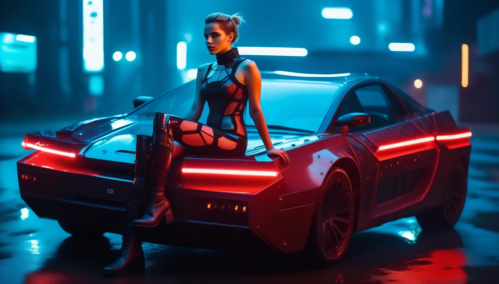 Two female hackers sitting on the hood of a futuristic car in a cyberpunk metropolis at night, (heavy rain:1.0), facing the viewer, holding a cyberdeck with a transparent screen, short silverwhite trimmed undercut haircut, immaculate skin, (wet skin:1.2), (wet hair:1.2), thoughtful look on the face, (raindrops on the whole body:1.3), (small breasts:1.2), legs spread, transparent synthetic top, fullbody red and black translucent skintight synthetic cyberpunk underarmor with intricate hexagon, cutout over the whole back, utility belt with multimeter and some probes attached, red synthetic hot pants, thigh high translucent latex boots, cutoff gloves, (no makeup:1.5), natural fingernails, emma watson, edgFut_clothing, neons, electric circuits