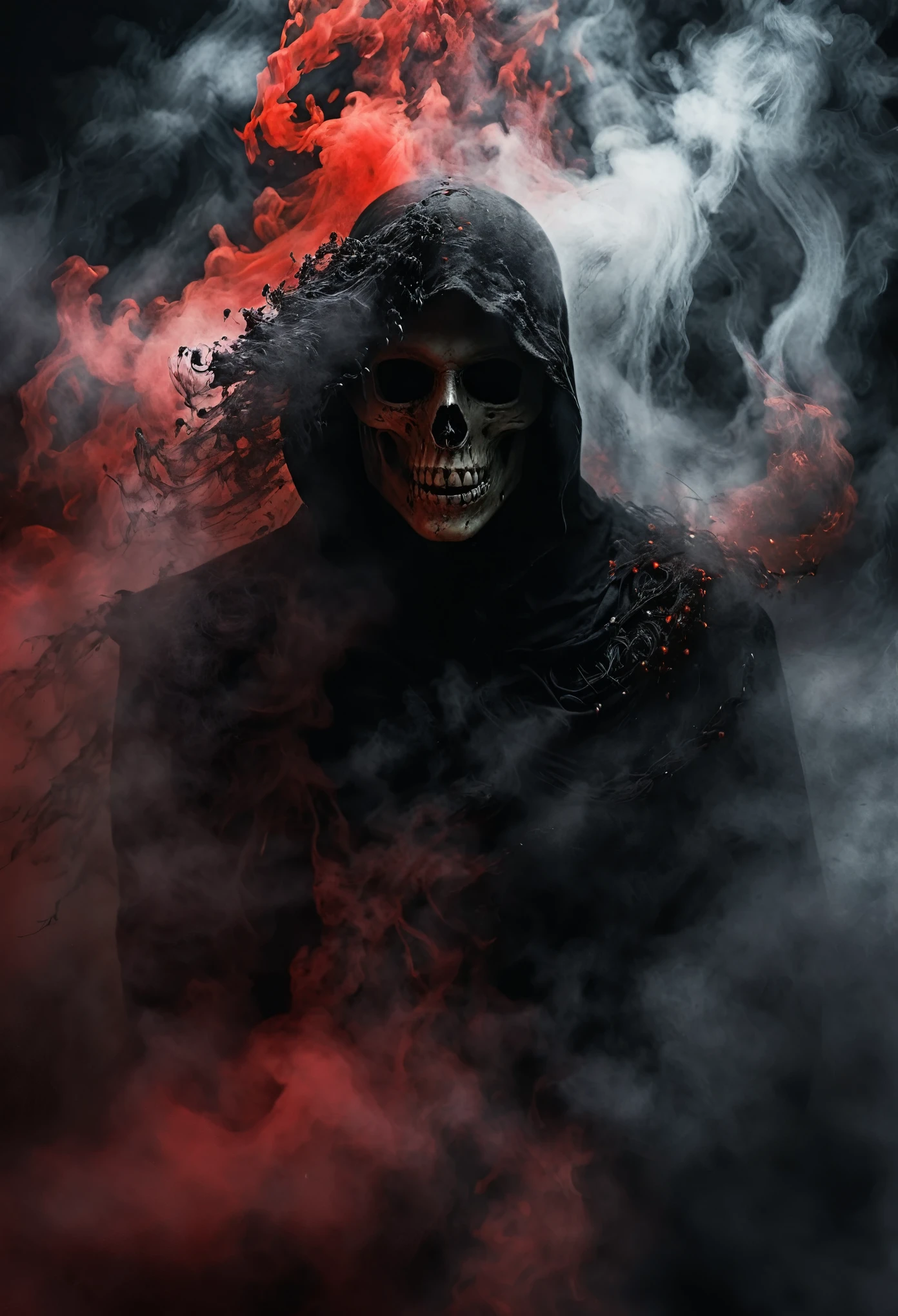 Black grim reaper,  Engulfed BY black and red, best quality, ultra-detailed, dark and mysterious, Gothic style, menacing presence, haunting atmosphere, ethereal lighting, grim and foreboding, eerie shadows, swirling mist, supernatural elements, skull motif, dramatic composition, macabre aesthetics, 