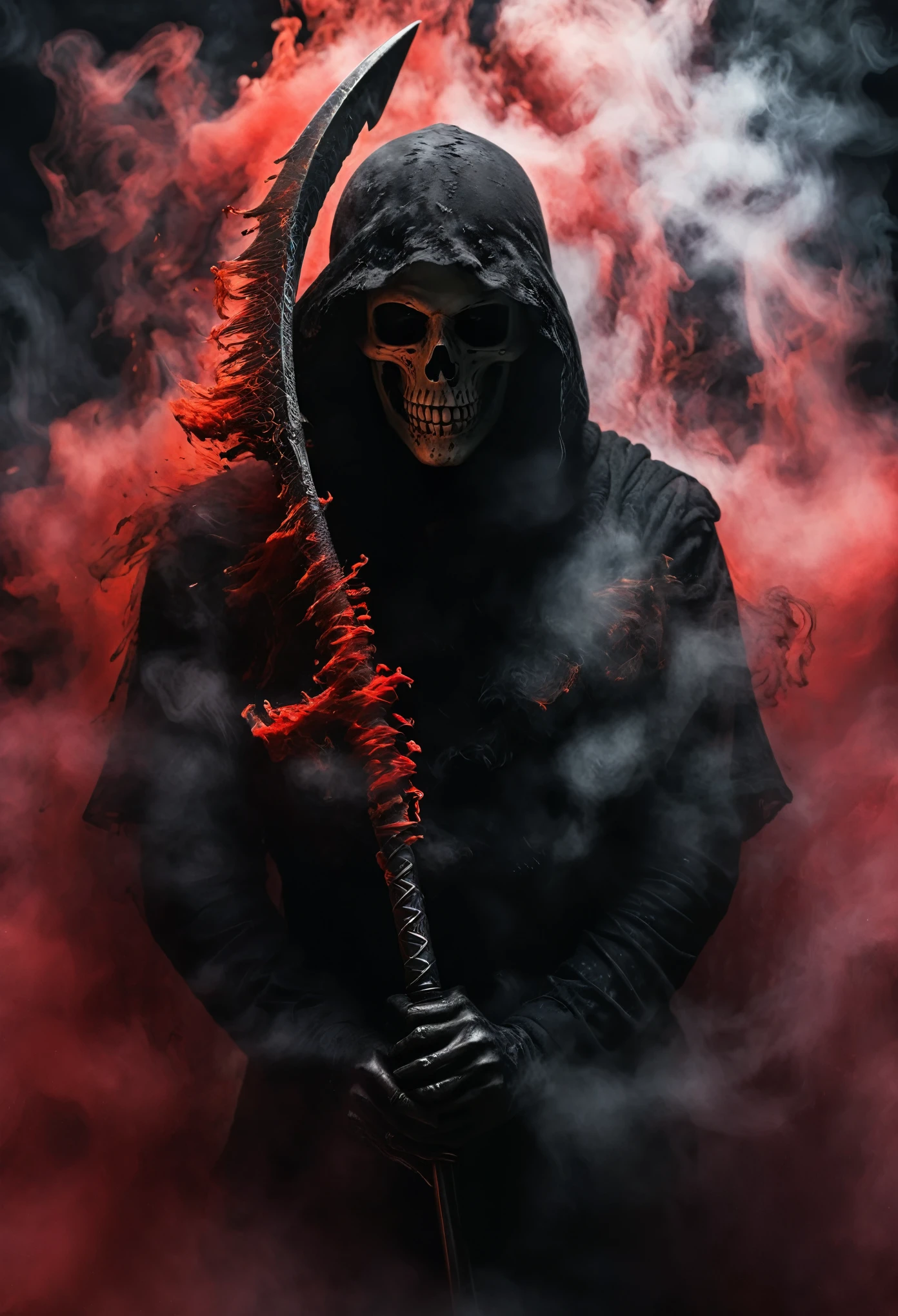 Black grim reaper, Engulfed BY black and red, (Holding his weapon),detailed weapon, best quality, ultra-detailed, dark and mysterious, Gothic style, menacing presence, haunting atmosphere, ethereal lighting, grim and foreboding, eerie shadows, swirling mist, supernatural elements, skull motif, dramatic composition, macabre aesthetics, 