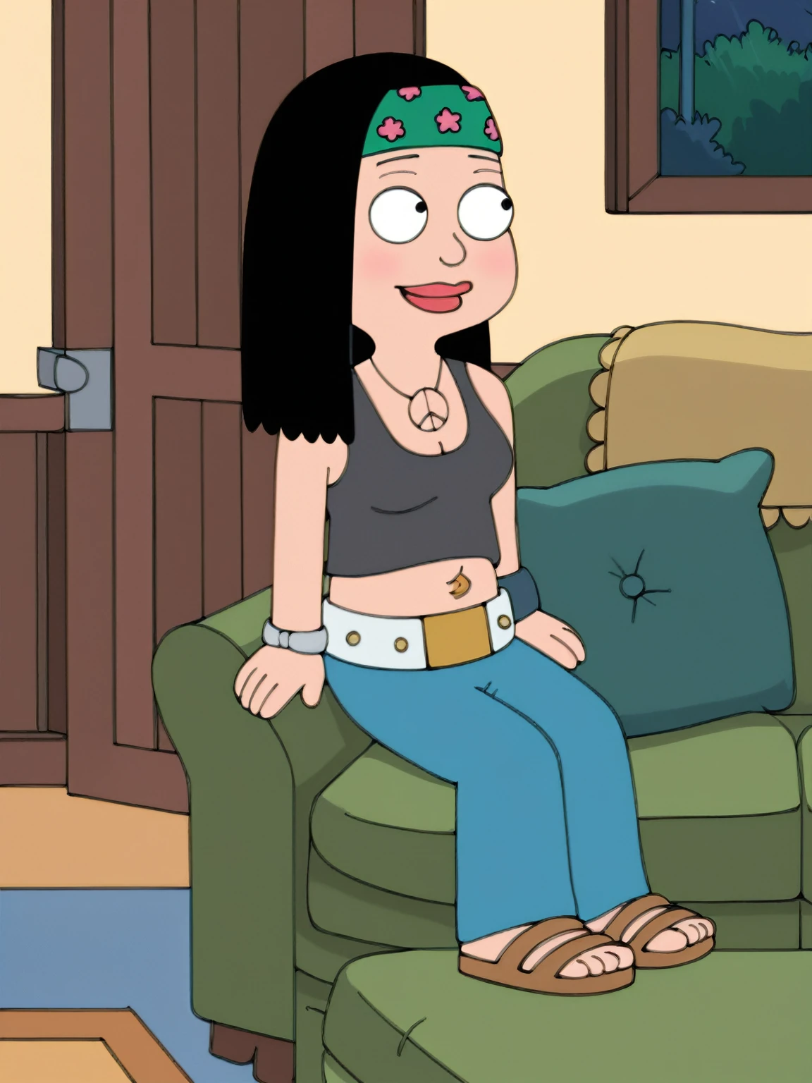 score_9_up,score_8_up,score_6,score_5,score_4, hayley, 1girl, black hair, long hair, solo, necklace, jewelry, tank top, headband, midriff, pants, sandals, belt, navel piercing, looking to viewer, smile, full body, toon \(style\), sitting on sofa, living room, sexy