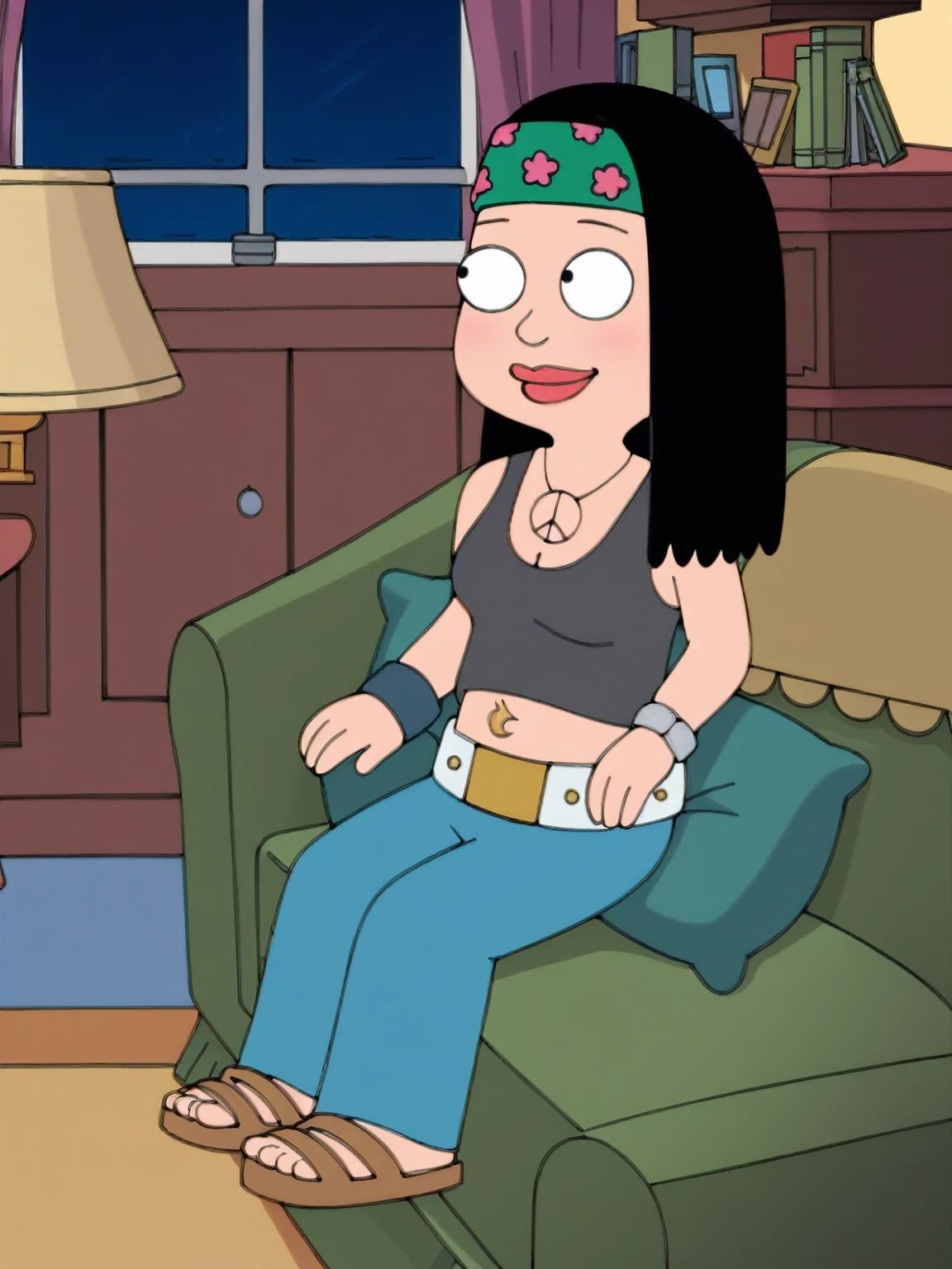 score_9_up,score_8_up,score_6,score_5,score_4, hayley, 1girl, black hair, long hair, solo, necklace, jewelry, tank top, headband, midriff, pants, sandals, belt, navel piercing, looking to viewer, smile, full body, toon \(style\), sitting on sofa, living room, sexy