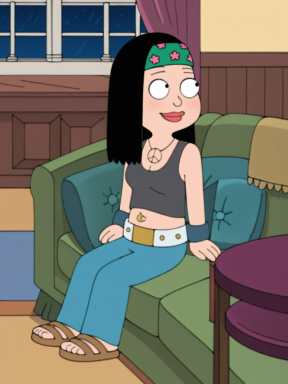 score_9_up,score_8_up,score_6,score_5,score_4, hayley, 1girl, black hair, long hair, solo, necklace, jewelry, tank top, headband, midriff, pants, sandals, belt, navel piercing, looking to viewer, smile, full body, toon \(style\), sitting on sofa, living room, sexy
