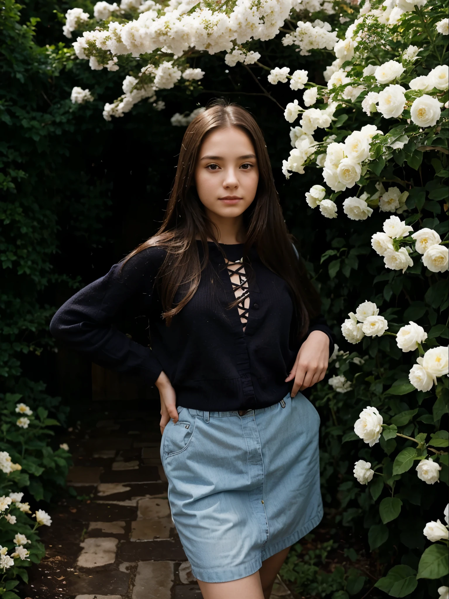 A girl with long hair stands in a blooming garden