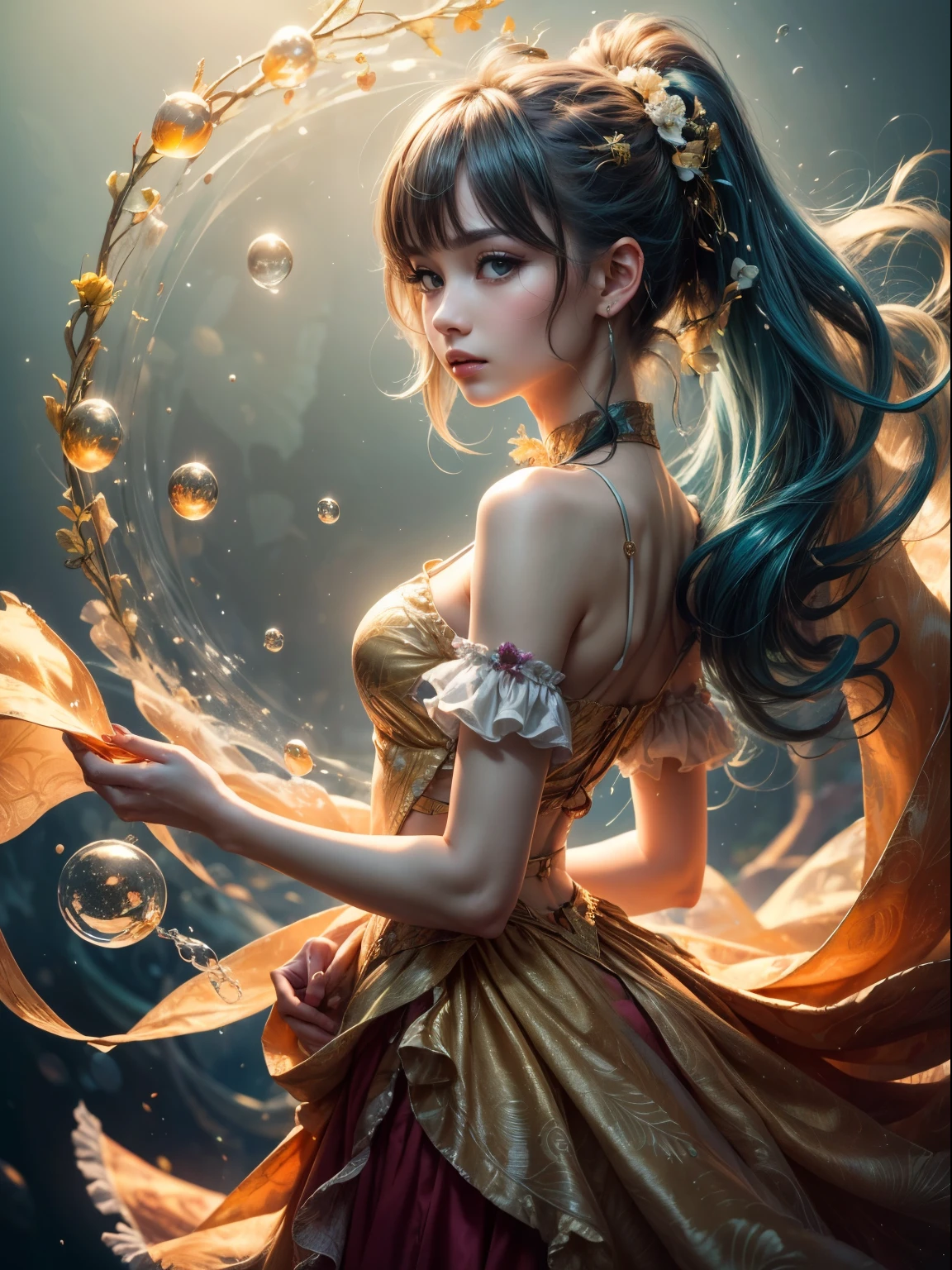 (Masterpiece), (Best Quality), (Super Detail), (disheveled Hair), (Illustration), (One Girl), (Fashionable Clothes), Standing, Fashion Model, Beholder, (Interview), (Simple Background), Finely Beautiful Eyes, Delicate Beautiful Face, Floating, (High Saturation), (Colorful Splash), Colorful Bubble, (Shine), Focus on the Face, Ponytail, Light Blue Hair, Bangs, Hair Rings, Floating Flowers, Floating Hairs, (Shining), Best Lighting, Best Shadows, include colors white orange pearl gold teal, full body camera shot, 