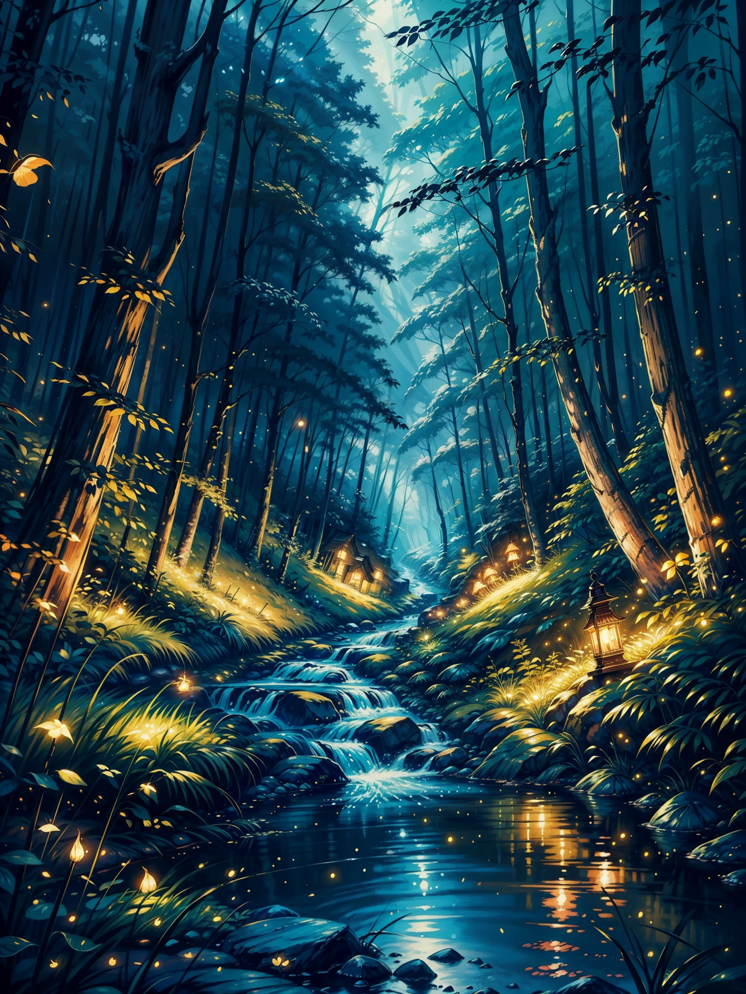 a painting of a stream running through a forest, magical forest with fireflies, magical forest backround, firefly forest at night, fireflies flying in the forest, night forest background, quiet forest night scene, golden fireflies lights, night forest, magical forest background, golden orbs and fireflies, dream scenery art, magical fantasy forest, cozy night fireflies