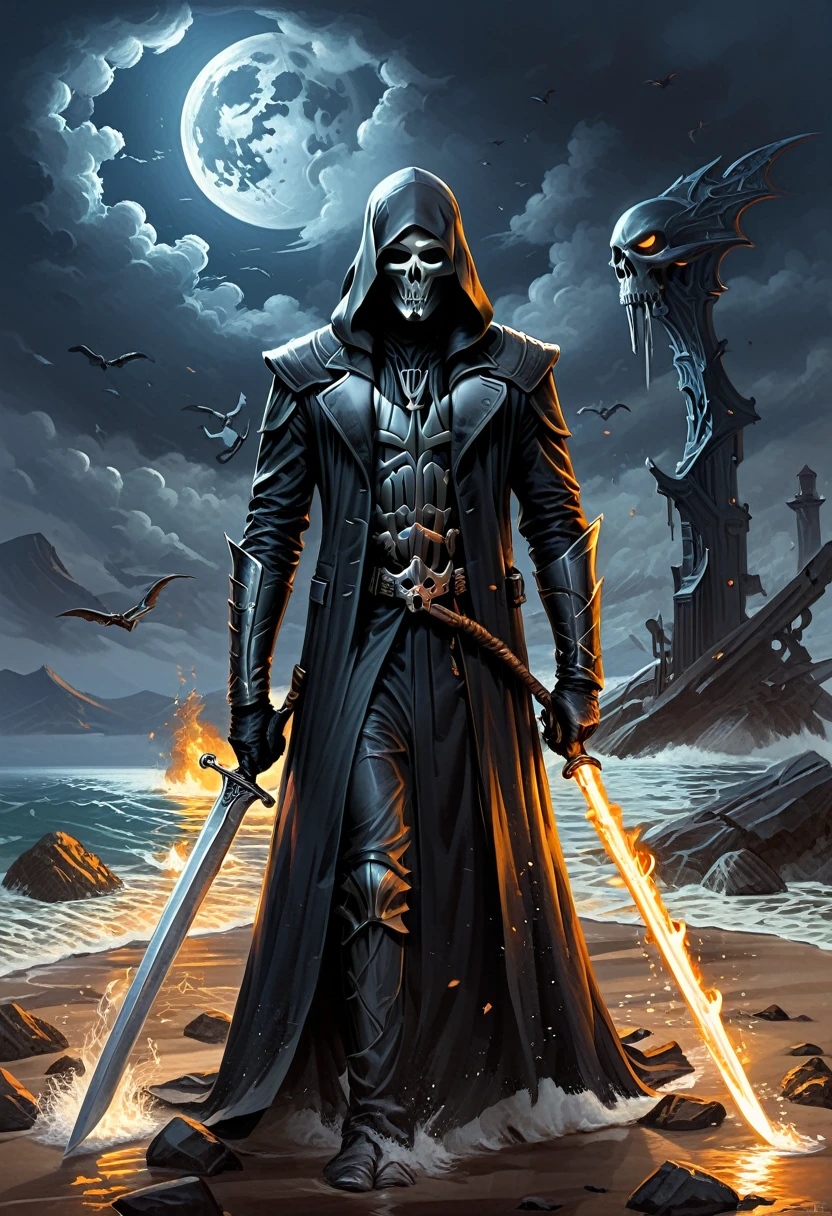 Black Grim Reaper, (masterpiece, best quality, Professional, perfect composition, very aesthetic, absurdres, ultra-detailed, intricate details:1.3), by Alena Aenami