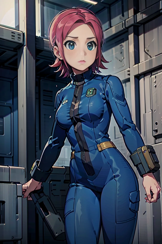 Mayl Sakurai reimagined as a vault dweller, doing maintenance in an underground vault. Her vibrant pink hair stands out against the dimly lit environment. She is a 26-year-old woman dressed in a vault dweller jumpsuit, indicative of her role in the post-apocalyptic world. The jumpsuit is worn but still functional, reflecting the harsh conditions of life underground. Her face is beautifully detailed, with expressive eyes that convey determination and intelligence. Her lips are also well-defined, adding to her overall allure.

In the vault, Mayl Sakurai is seen operating a pipboy, a wrist-worn device that serves as an essential tool and information hub for survival in the vault. The pipboy's screen emits a soft glow, illuminating Mayl's face and casting a subtle green hue on the surroundings. The details on the pipboy, from its buttons to its display, are extremely detailed, showcasing its futuristic design.

The underground vault is filled with mechanical equipment and pipes, emphasizing the importance of maintenance in this post-apocalyptic world. The atmosphere is gritty and industrial, with a hint of mystery and danger. The lighting is dim and has a hint of blue tones, enhancing the underground ambiance.

Despite the grim surroundings, Mayl Sakurai exudes confidence and strength as she jumps into action, ready to fulfill her duties as a vault dweller. Her posture and expression suggest that she is prepared to face any challenge that comes her way.

The image quality should be at its best, with 4K resolution and ultra-detailed rendering, capturing every intricate detail of the scene. The colors should be vivid, emphasizing the contrast between Mayl's vibrant pink hair and the dimly lit environment. The overall style should lean towards a post-apocalyptic concept art aesthetic, blending realism with a touch of fantasy.

In summary, the Stable Diffusion prompt for the provided theme would be:
Mayl Sakurai reimagined as a vault dweller, doing maintenance in an undergr