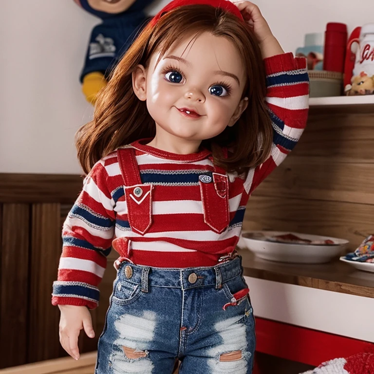 Chucky con ropa policial llena de sangre
