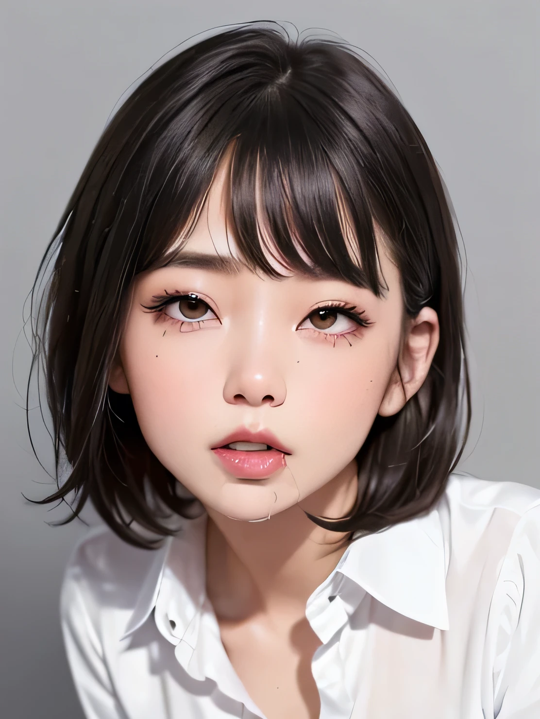 ((vivid, Realistic: 1.5), (high resolution)(8K quality)No background: 1.0, Beautiful 17 year old Japanese girl: 1.2, Light Gray Background: 1.2, Breast augmentation: 1.3, cute: 1.2,Follow me((Blow job, take it deep、Look at me、Drooling)):1.5, A little short hair: 1.2, Black Hair: 1.0, Small face: 1.1, Straight hair: 1.1,Messy Hair:1.1,On all fours! Miniskirt flips up:1.2、Dress shirt:1.2,Emphasizing her beautiful legs, she spreads them open:1.2、Your cheeks are red;1.0
