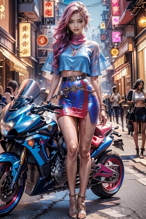 highest quality, Very detailed, masterpiece, Two women posing,(((Perfect female body))),Very beautiful face, Very beautiful body,Gentle expression, Very beautiful eyes,(Perfect Makeup:1.1),Fashion Model,DJ Style,Cyberpunk Fashion, Mullet Cut,Shaggy Hair,pink and blue hair:1.3, very thin body,Smart Abs,((Monogram pattern:1.3)),,Fishnet blouse,((Long leg pencil skirt,anklet)),LED Light,Two-tone short boots,A kind smile,couboy shot:1.3,Portrait,(Cyber City:1.3), (Shiny skin),(Blue to red gradient:1.3),Elegant scarves,See-through long shawl,Liquid Metal,Pirate Belt,Earrings