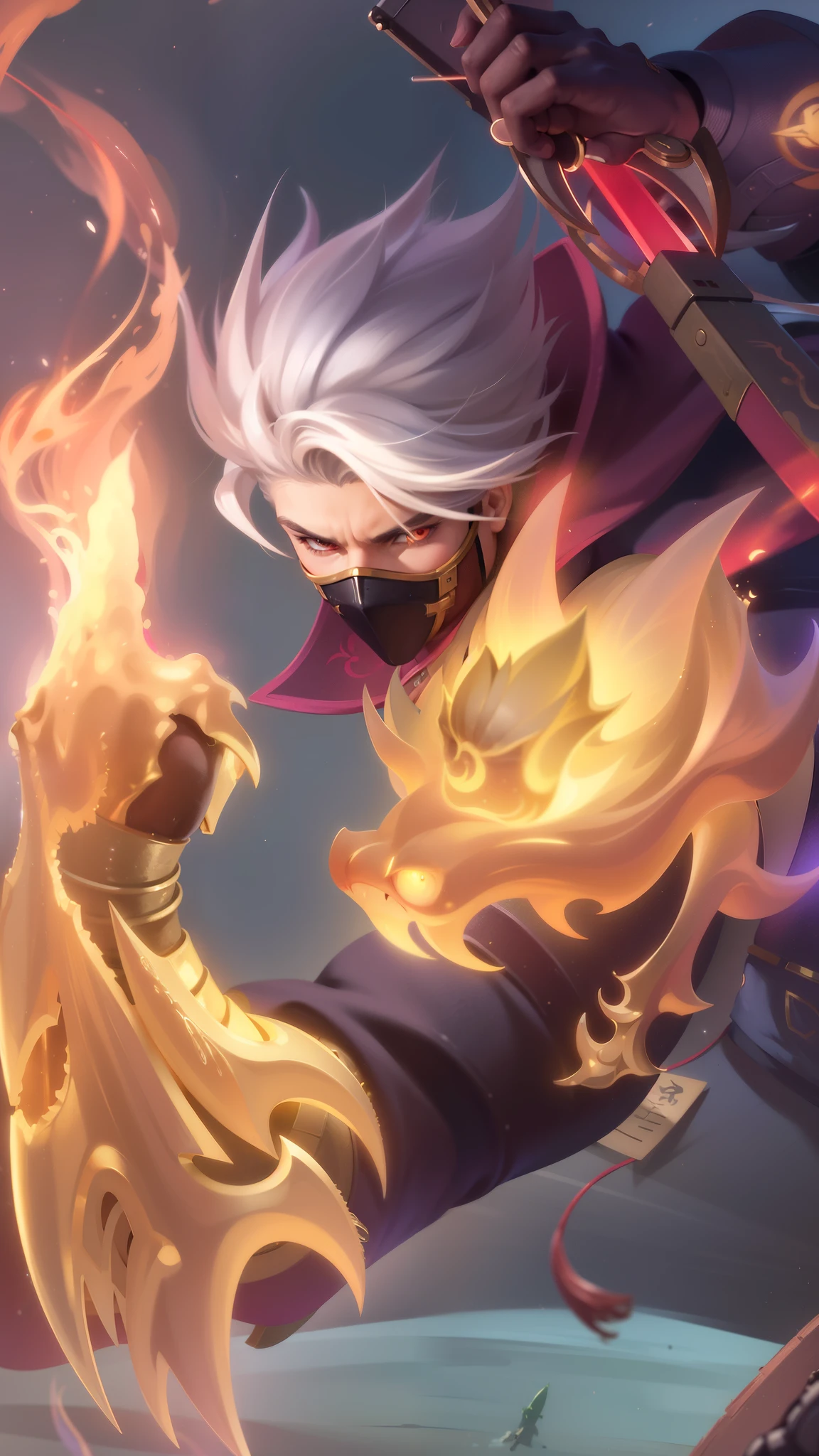 a close up of a boy with a steampunk mask on, holding a fire in a fire, velvet background, realistic suit, ezreal (league of legends, realism art, mobile legends, riot game, style league of legends, inspired by Li Shida, fighting game character, tracer, league of legends character, gold paladin, wukong, wild rift, glow particle, white hair color, realistic suit masterpiece, sword, realistic sword, realism masterpiece, natural lighting, strong realistic texture, strong red eye glow, lots hair