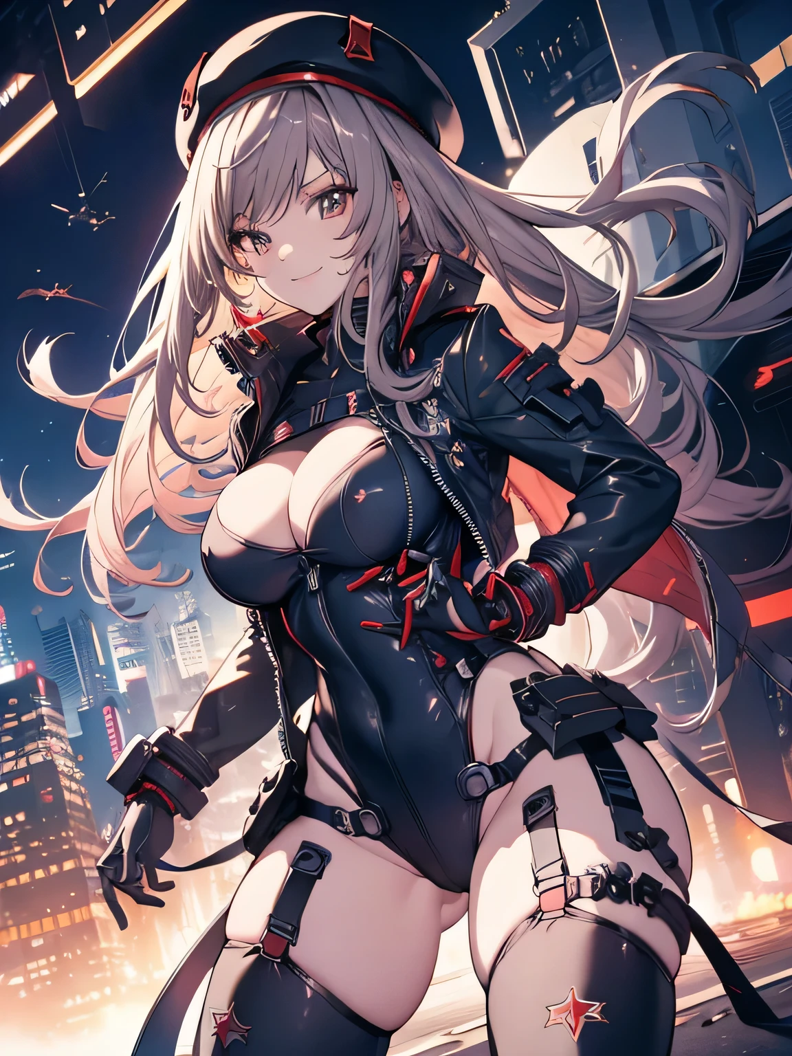Erotic Anime Illustration、Anime Style、highest quality、cyber punk、1 Female Soldier、Perfect proportions、Very large breasts、Thick legilitary magazine cover、Heading、Stylish fonts、Cowboy Shot、smile