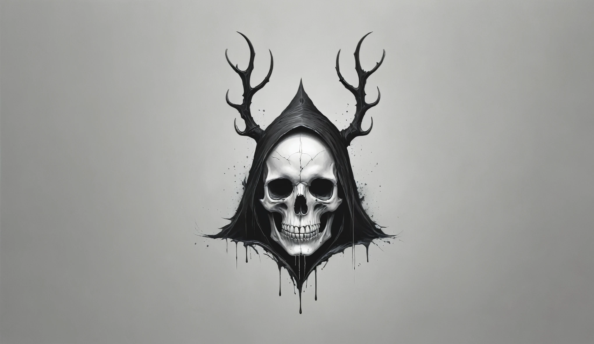 Create a simple and elegant witch's skeleton logo,wendigo,flow, shedding graphite tears. The design should convey a strong sense of sadness and melancholy, using a minimalist approach with clear lines and using only black, nicola samori,ben templsmith,Irina Yermolova