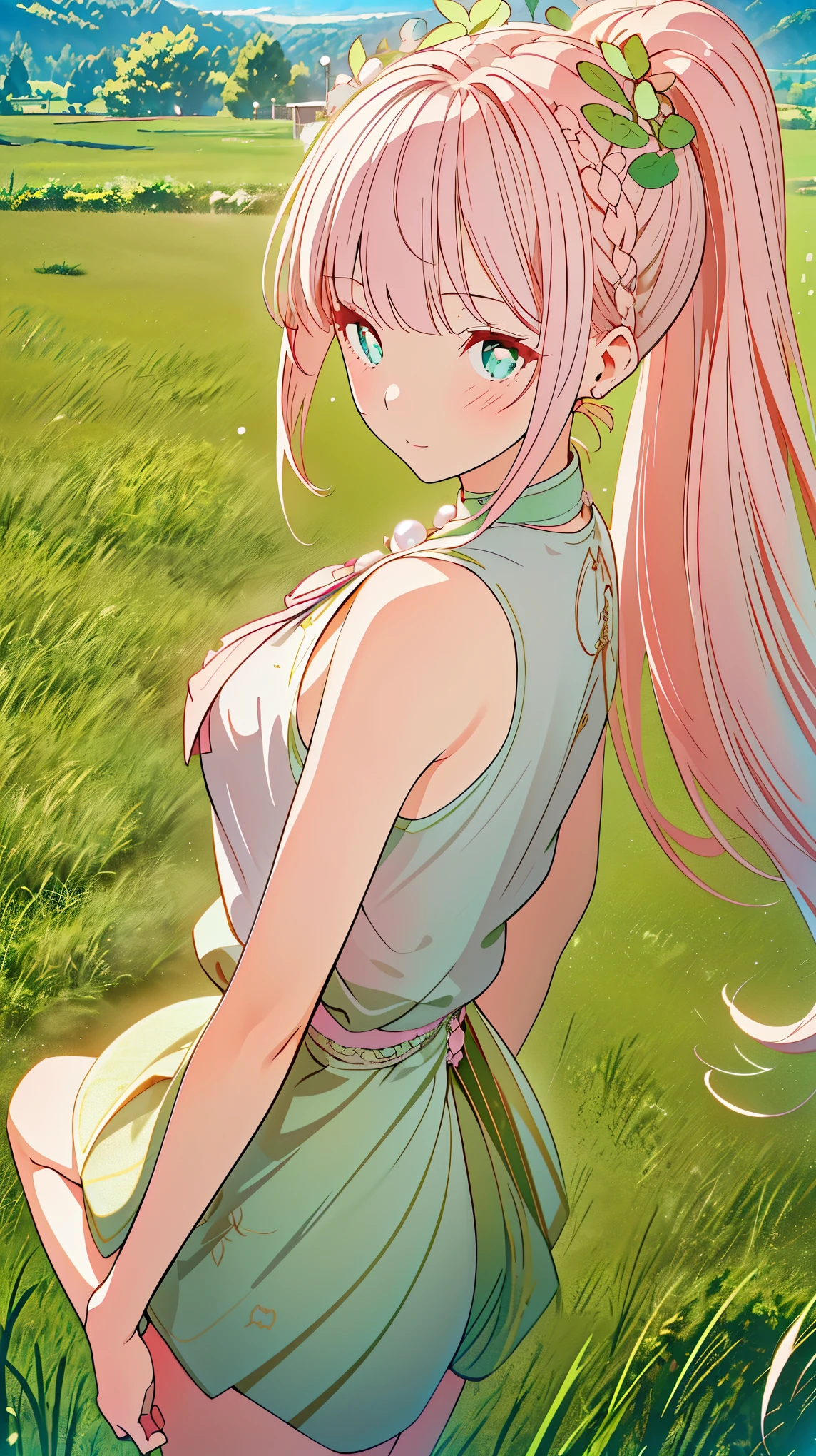 (((pearl pink hair,emerald pupils))),((beautiful and detailed)),(blushing), (geometric:1.1),(((on grassland,bubbles,farmland))), ((1girl,amazing,adorable girl,solo,))(Masterpiece,Best quality, offcial art, Beautiful and aesthetic:1.2),(4k,HD,HRS),((small breasts)),(Physically-based rendering),Sharp focus, (((highdetailskin,The details are complex、Shallow depth of field、movie lighting、Reflectors、a Canon EOS R5、50mm lens、f / 2.8、shot at 8k resolution))),simple cloths,correct pupils,((((shiny hair|detailed hair|half bangs|short hair|single ponytail with a tie)))),(masterpiece sidelighting),(The sheen),(beautiful hair,beautiful background,bokeh:55mm)),((extremely_Detailed_Eyes_and_face)),Movie girl,(Dynamic posture: 1.2),Brilliant