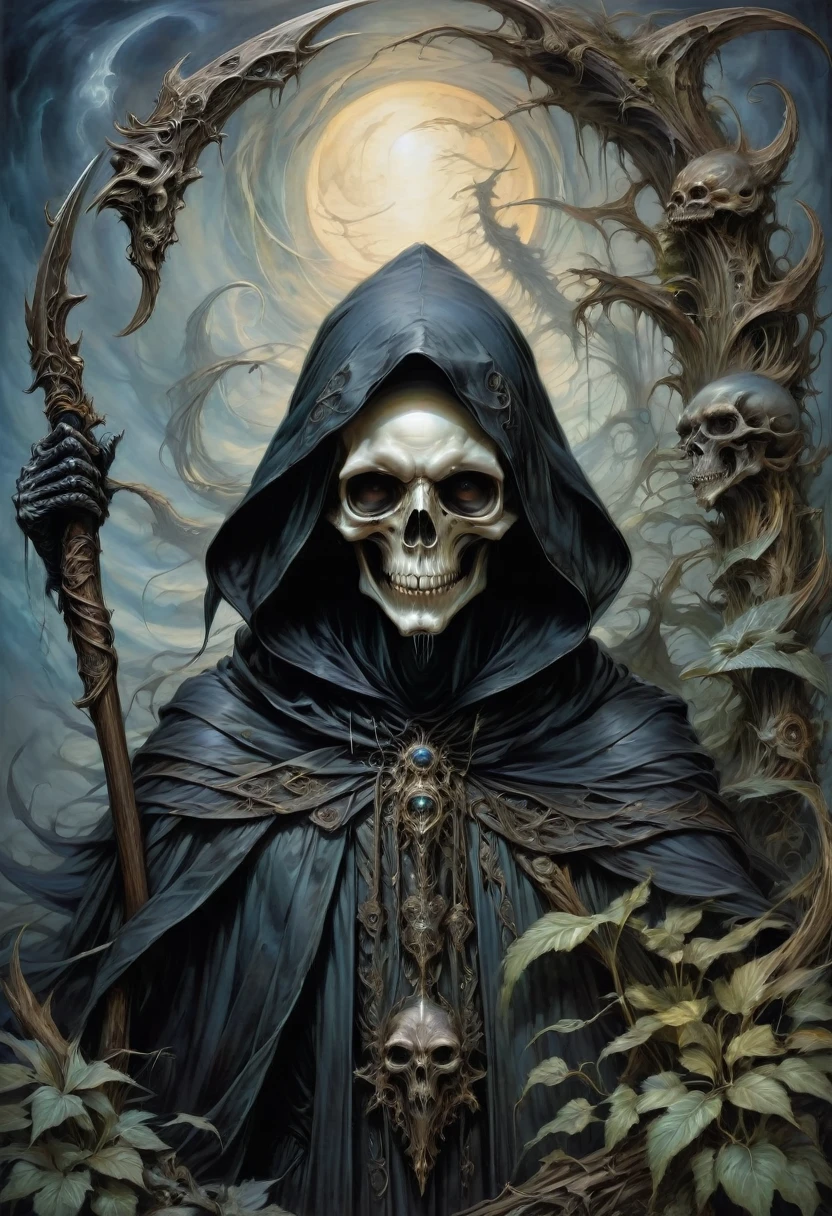 Grim Reaper, by Brian Froud, best quality, masterpiece, very aesthetic, perfect composition, intricate details, ultra-detailed