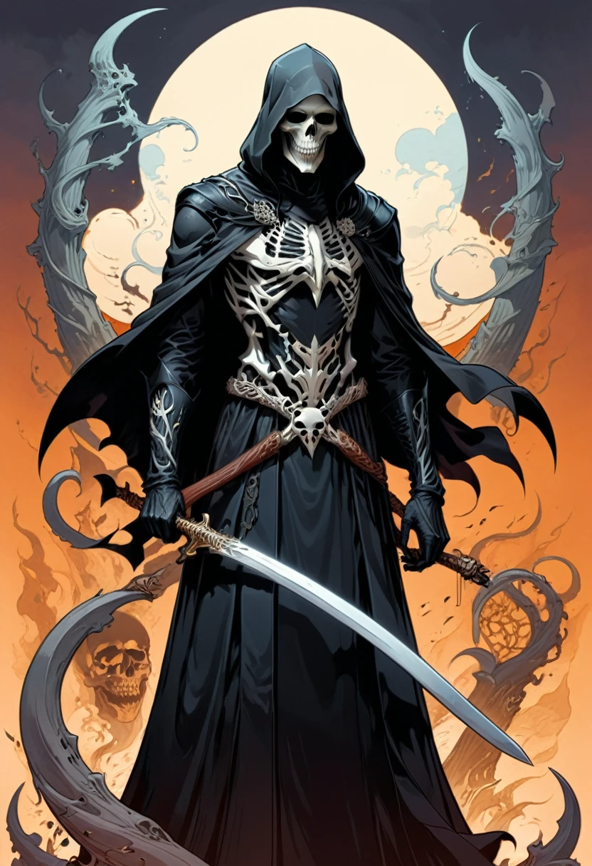 Black Grim Reaper, (masterpiece, best quality, Professional, perfect composition, very aesthetic, absurdres, ultra-detailed, intricate details:1.3), by Tomer Hanuka
