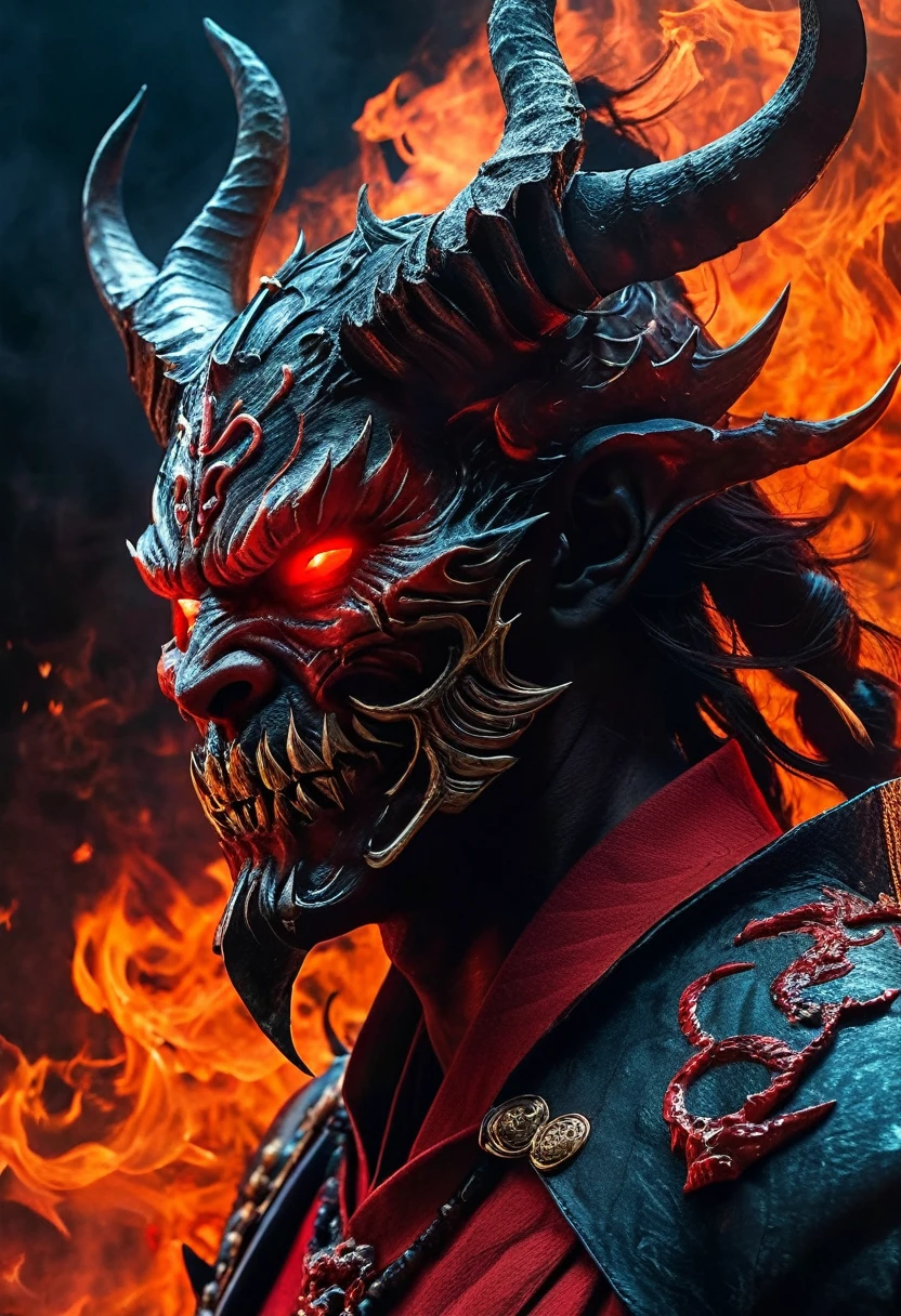 highest quality,Super detailed,(Realistic:1.37),An elaborate red devil with glowing eyes and sharp teeth,Ominous atmosphere,Traditional Japanese demon mask,Dark and spooky background,Menacing look,Ominous Shadow,Paying close attention to facial details,Traditional Japanese artwork style,Hellish red tones,Ominous glowing aura,Fiery red background with black smoke,A frightening and intimidating posture,Fiery complexion,Horned headpiece,Sharp and creepy claws,Sinister red devil with scary red stick,Impressive texture and attention to detail,Intricate and sophisticated design,highly Realistic rendering,The devil exudes power and darkness.,Perfect capture of light and shadow,Impressive and striking composition,Vivid and intense colors,Incredible attention to detail in every aspect of the Red Devils' look and surrounding elements.