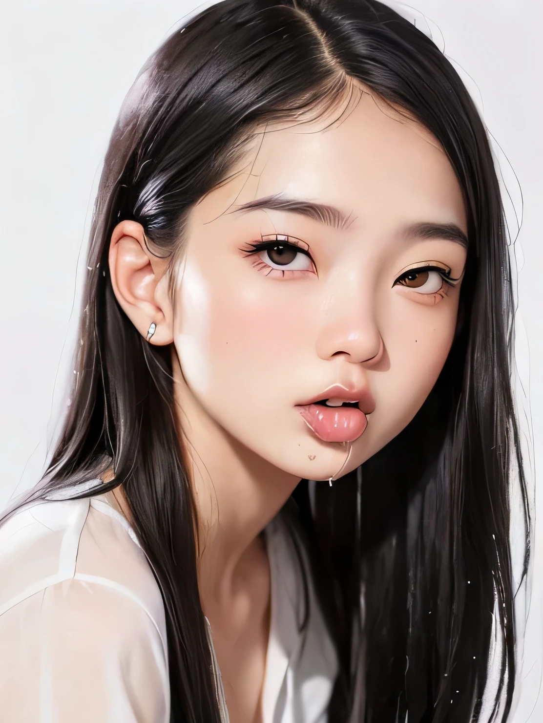 ((vivid, Realistic: 1.5), (high resolution)(8K quality)No background: 1.0, Beautiful 17 year old Japanese girl: 1.2, Light Gray Background: 1.2, Breast augmentation: 1.3, cute: 1.2,Follow me((Open your mouth wide、Stick out your tongue、Show me the inside of the mouth、Look at me、Drooling)):1.5, A little long hair: 1.2, Black Hair: 1.0, Small face: 1.1, Straight hair: 1.1, Messy Hair: 1.0,mini skirt:1.2、Wet cutter shirt:1.1,On all fours:1.2、Accentuate your attractive thighs