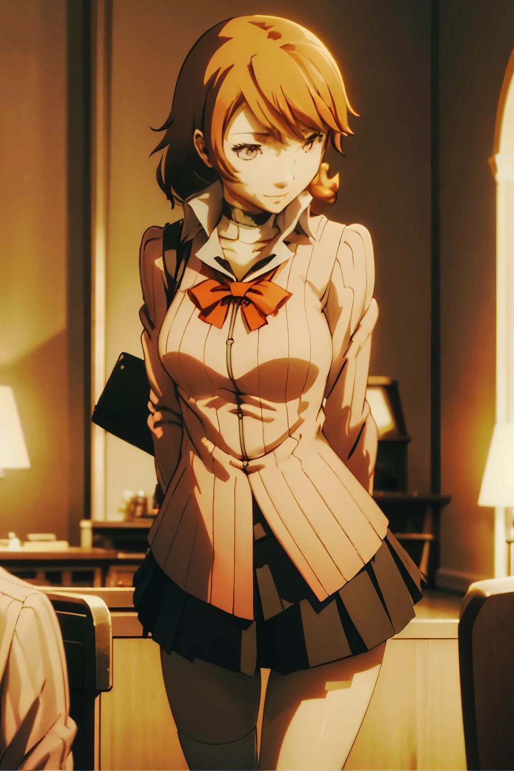 yukari takeba, (((short skirt))), ((classroom)), smirk, dark lighting, upskirt, (((low camera angle)))