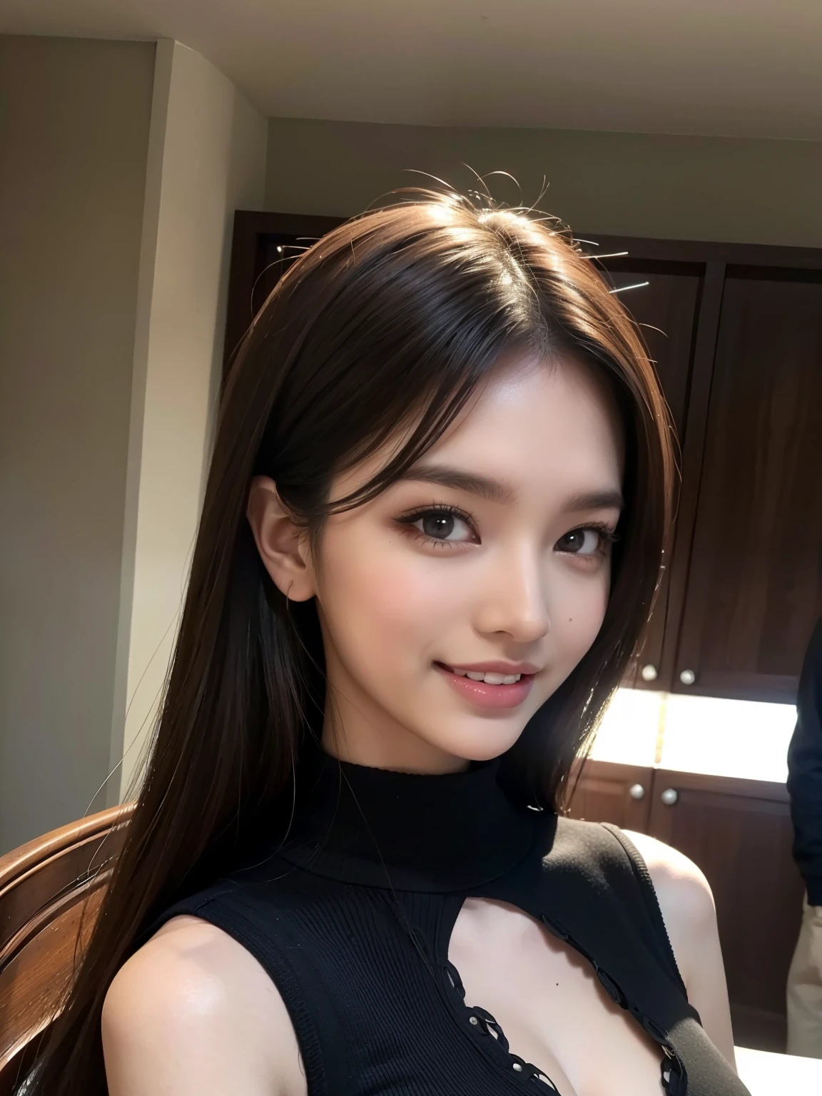masterpiece, best quality, ultra-detailed, (), intricately detailed hyperdetailed, realistic, sharp features, highly detailed, sharp focus, perfect face, perfect face, perfect eyes, perfect lips, flexible female form, cinematic light, hyper detailed, hyper realistic, high resolution, vibrant, (Bright Background), (smile), (cheerful), straight Bangs, brown Eyes,black sweater, cowboy shot,