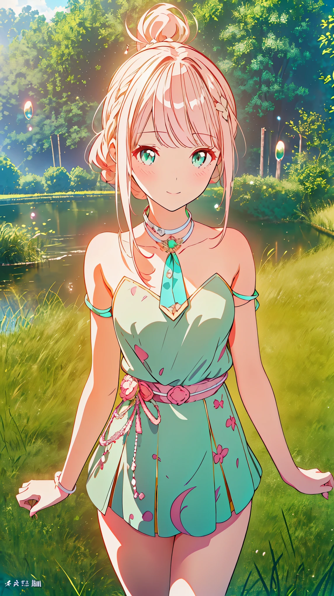 (((pearl pink hair,emerald pupils))),((beautiful and detailed)),(blushing), (geometric:1.1),(((on grassland,bubbles,farmland))), ((1girl,amazing,adorable girl,solo,))(Masterpiece,Best quality, offcial art, Beautiful and aesthetic:1.2),(4k,HD,HRS),((small breasts)),(Physically-based rendering),Sharp focus, (((highdetailskin,The details are complex、Shallow depth of field、movie lighting、Reflectors、a Canon EOS R5、50mm lens、f / 2.8、shot at 8k resolution))),simple cloths，correct pupils,((((shiny hair|detailed hair|half bangs|short hair|single ponytail with a tie)))),(masterpiece sidelighting),(The sheen),(beautiful hair,beautiful background,bokeh:55mm)),((extremely_Detailed_Eyes_and_face)),Movie girl,(Dynamic posture: 1.2),Brilliant