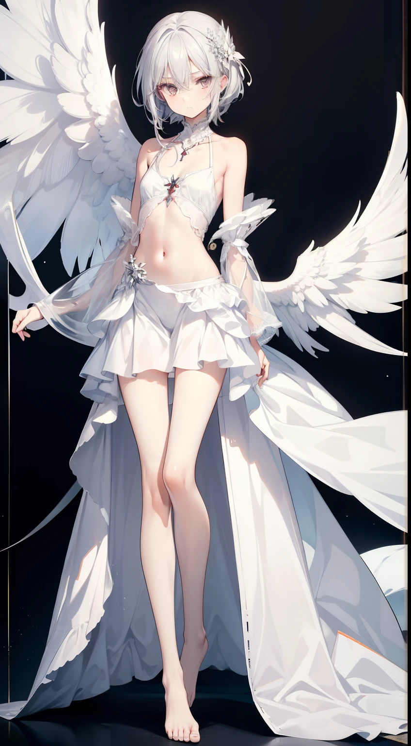 ((best quality)), ((masterpiece)), (detailed), perfect face, Character design, female, long white grey hair, wearing a white angelic dress, red grey eyes, small frame, very skinny, detailed, best quality, no accesoires around the neck, no shoes, prominent collarbones, skinny arms, flat stomach, visible hip bones, full body