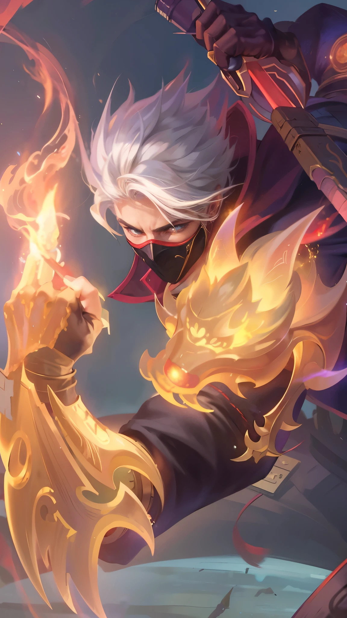 a close up of a boy with a steampunk mask on, holding a fire in a fire, velvet background, realistic suit, ezreal (league of legends, realism art, mobile legends, riot game, style league of legends, inspired by Li Shida, fighting game character, tracer, league of legends character, gold paladin, wukong, wild rift, glow particle, white hair color, realistic suit masterpiece, sword, realistic sword, realism masterpiece, natural lighting, strong realistic texture, strong red eye glow, lots hair