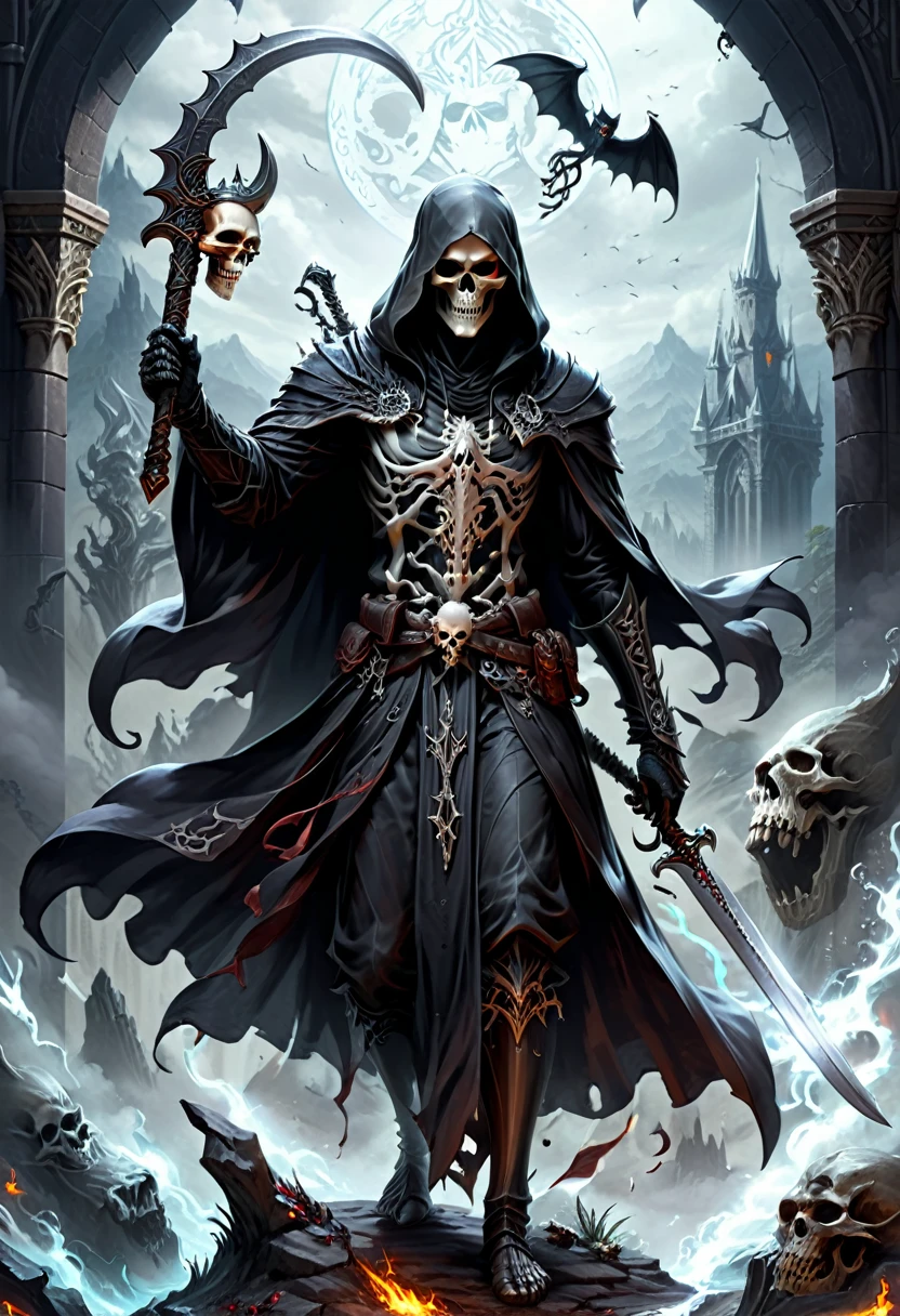 Black Grim Reaper, playing D&D, (masterpiece, best quality, Professional, perfect composition, very aesthetic, absurdres, ultra-detailed, intricate details:1.3)