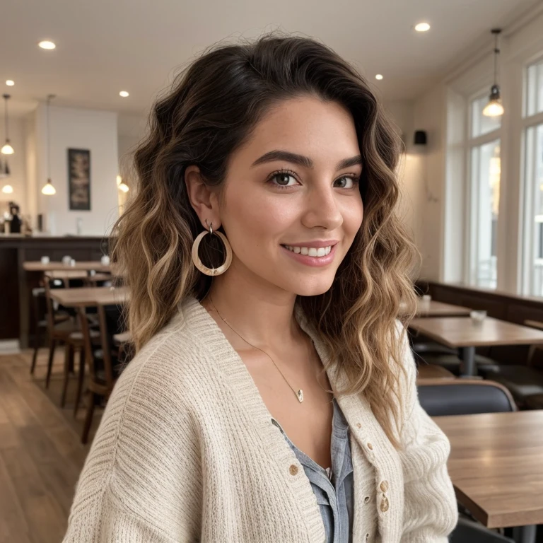 Imagine a captivating 23-year-old digital influencer, originally from Latin America, avec un sourire chaleureux et accueillant. Elle a la peau brune et des yeux verts qui expriment à la fois intelligence et malice. Her curly peach hair is styled in a chic and casual way, complemented by subtle makeup that highlights her natural beauty. She wears discreet earrings and a casual but refined outfit, parfaite pour une ambiance détendue mais sophistiquée. Sur son profil de site de rencontre, she presents herself as passionate about fashion and well-being, aimant voyager et découvrir de nouvelles cultures, ce qui fait d'elle une candidate intrigante et attirante.En train de savourer un café dans un bistrot élégant - Portant un pull doux pour un confort chic.
