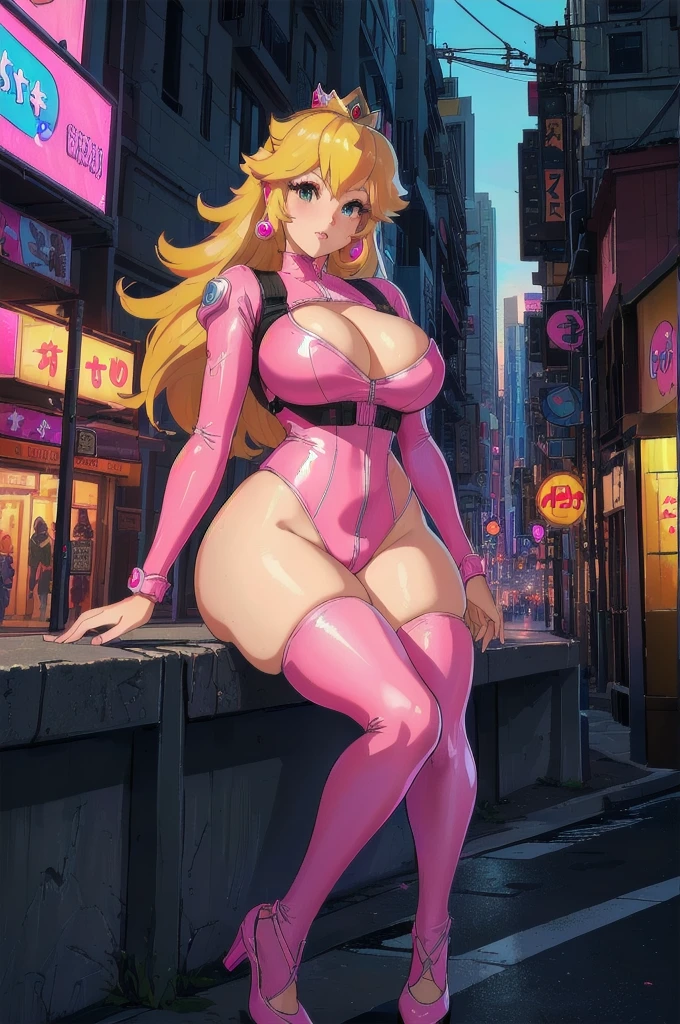 safe for work, (best quality,4k,8k,highres,masterpiece:1.2), ultra-detailed, cartoon, vibrant colors, HDR, a cartoon picture of a woman with a big breast sitting on a ledge, a human-like juicy peach, portrait of princess peach, princess peach), princess peach, thicc, danbooru and artstation, commission for high res, video game fanart, giantess art, the princess of power, extremely detailed artgerm, high quality fanart, nintendo game art, araffe in a pink bodysuit posing on a city street, neon light and fantasy, pink body, very sexy outfit, tight attire, pink body harness, perfect body, sexy outfit, sexy dominant pose