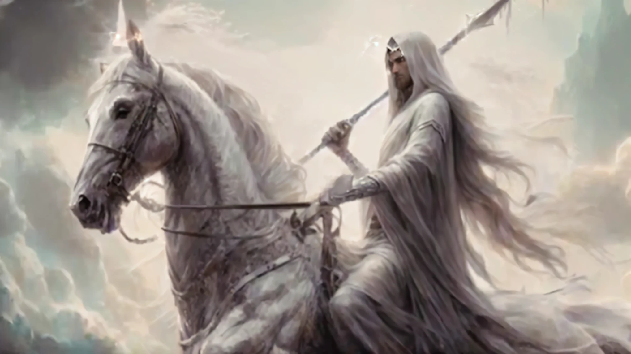 a close-up of a white dark knight on a horse with a spear, Cracked and very detailed image Lord of the Rings concept art, hahaha, inspirado em Alan Lee, Sauron lutando contra Saruman, Elden Ring Arte, cinematic fantasy painting, specters riding in the sky, arte do senhor do anel, elegant cinematic fantasy art, epic fantasy art, dramatic fantasy art, epic fantasy character art