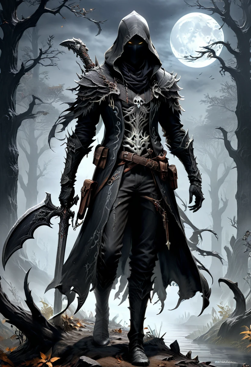 Black Grim Reaper, A combination of a hunter from BloodBorne and a stalker from the game stalker shadow of Chernovil, that it has light military clothing that the character is young between 20 and 24 years old and that the image is full body, (masterpiece, best quality, Professional, perfect composition, very aesthetic, absurdres, ultra-detailed, intricate details:1.3)