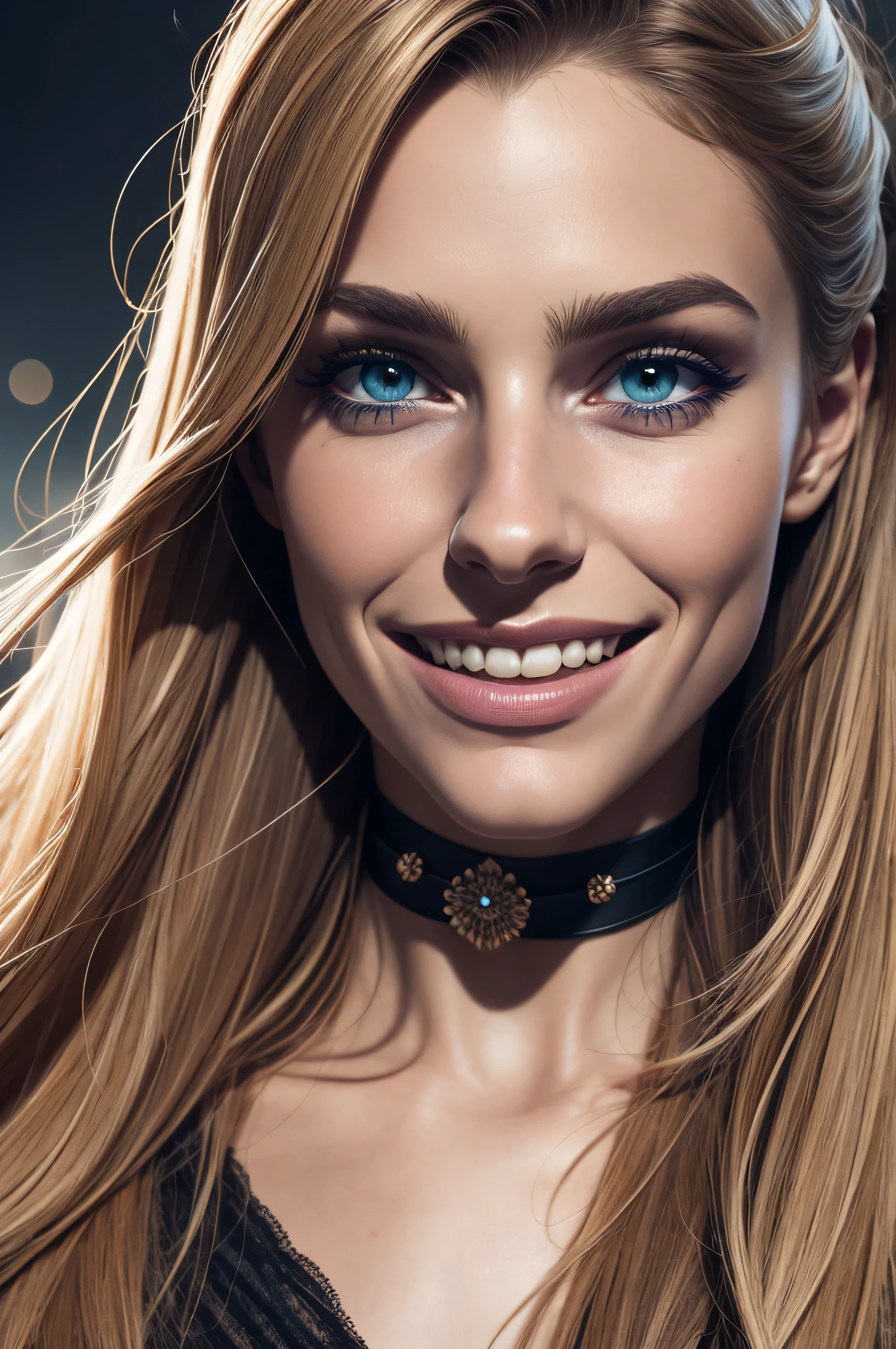 a close-up image of a beautiful woman with a choker, 25 years old, super happy, big smile, wide eyes, realistic skin, super defined and contoured lip contour, tanned Skin, beautiful face, no makeup, no eyeliner, no eyelashes, (eyelashes not be visible), (should not be visible), voluminous lips, looking at the camera, super defined and detailed eyebrows, extremely symmetrical face, Hair tied back, extremely fine details, Ultra defined realism, ultra HD 8K resolution, extremely realistic and detailed skin, no visible shadows, defined eyebrows, substance painter render, (Hair cannot be in front of the face), 8k, best quality, masterpiece, realistic, ultra detail, photo realistic, hyper realistic, smoother lighting, increase cinematic lighting quality, realistic lighting, backlighting, brightening light, Increase quality, best quality real texture skin, close-up, slender, mystical background