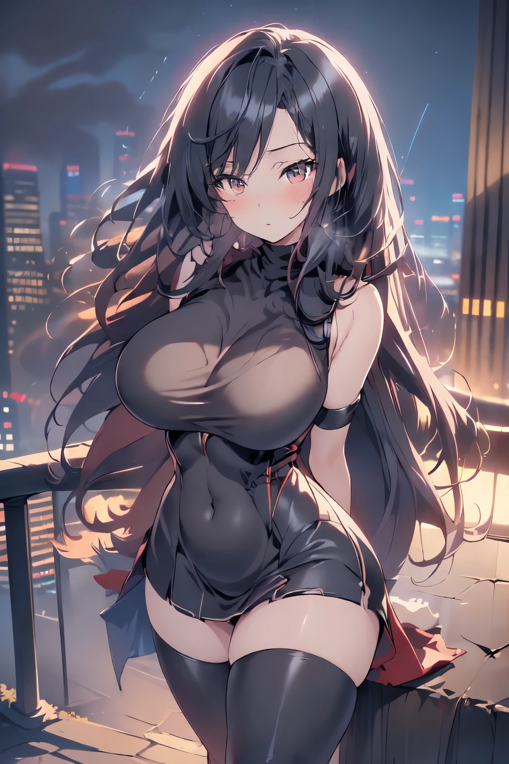 anime, (artwork, best quality, ultra-detailed, high contrast), beautiful, Alone, 1 woman, full body, plus size body, Long hair, black hair, blue highlights at the ends of the hair,red eyes, perfect eyes, ruby sparkles, black leather bodysuit, pleassed skirt, red cloak, (transparent black socks), futuristic, cyberpunk, cinematic angle, Cinematic lighting, Work of art, best quality, nsfw, crotch rubbing standing on the edge of the skyscraper, (skyscraper roof, overlooking a city, detailed background ((night time, Darkness, low light pollution))